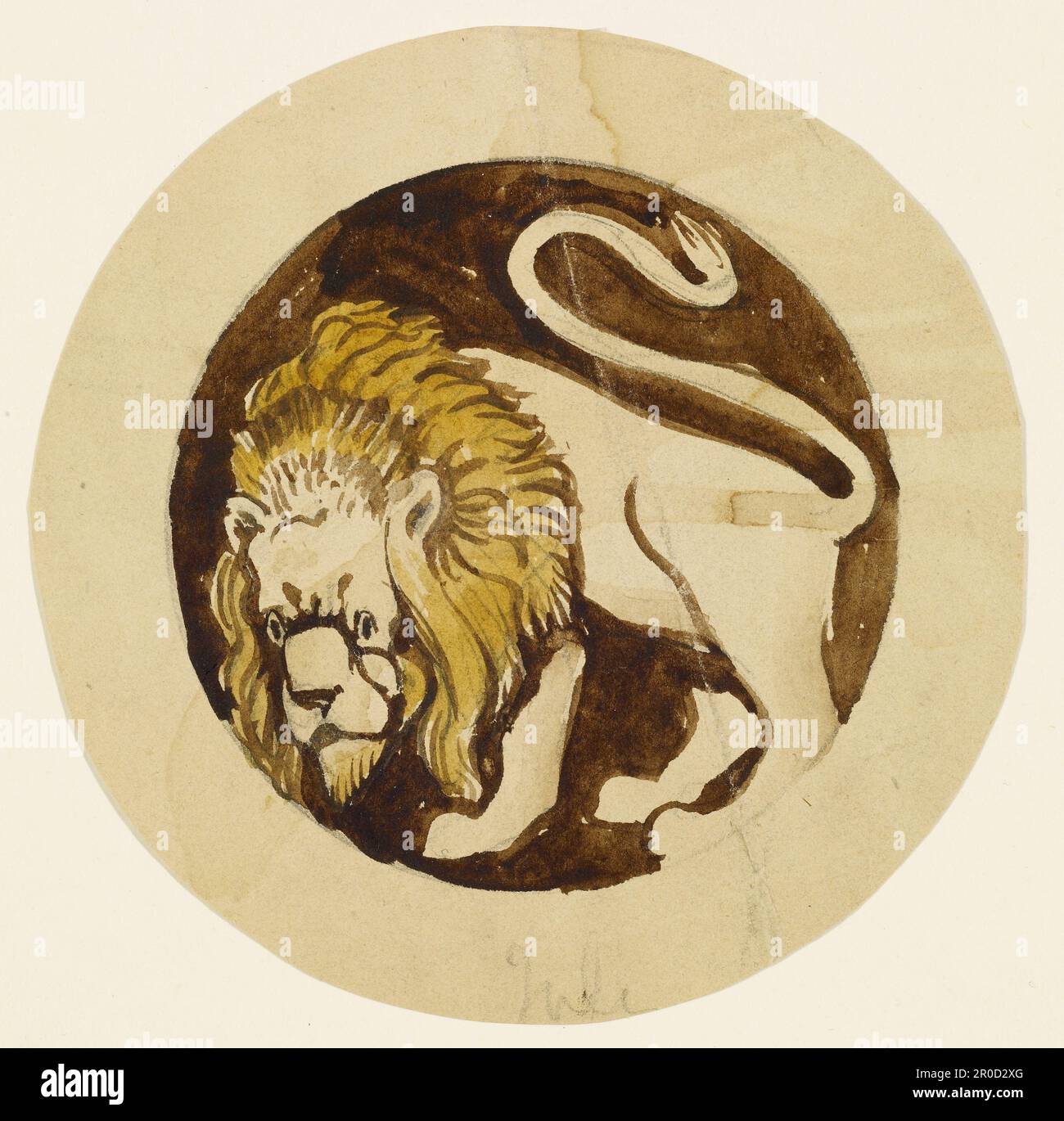 Les douze signes du zodiaque - Lion. Artiste: Philip Speakman Webb (d.1915). Les 12 signes du zodiaque, dessins pour vitraux pour une lumière circulaire de la trasery avec un diagramme de crayon montrant la position de chaque dessin dans la trasery. Banque D'Images