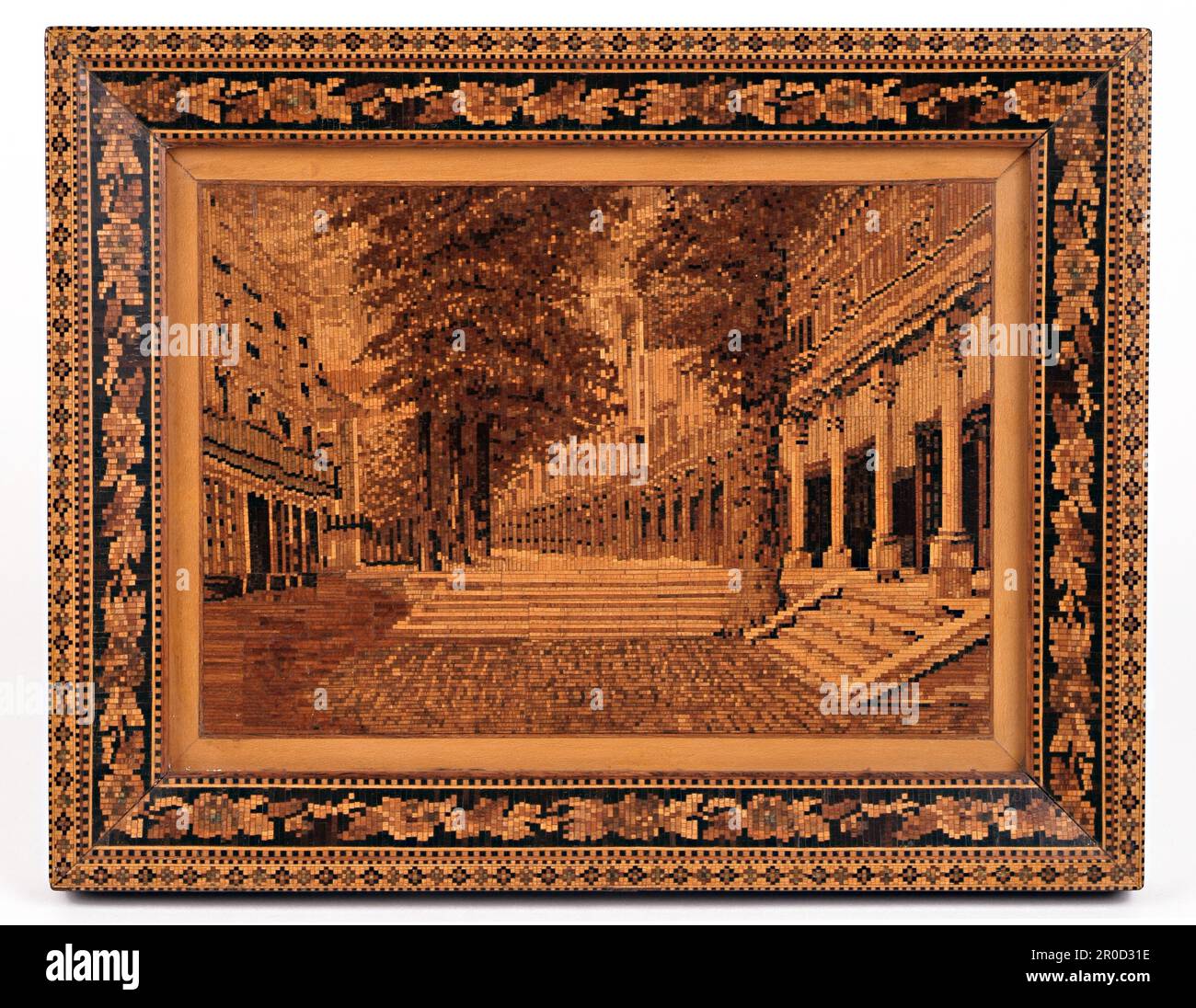 The Pantiles, 1840-60. Panneau - incrustation Tunbridgeware image et cadre. Le cadre et l'image des Pantiles, Tunbridge Wells, ont été faits en mosaïque de grain final. Il a été fait par James Brown alors qu'un apprenti dans l'atelier Holamby autour de 1850... Acheté auprès d'Edward H Pinto, 1965. Banque D'Images