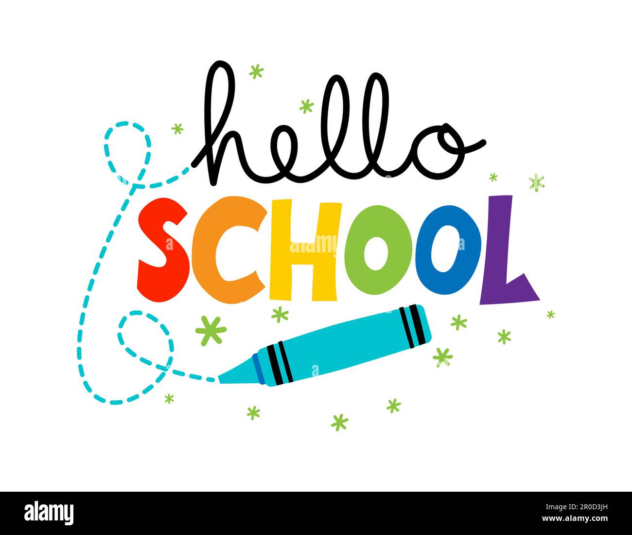 Hello School avec crayon coloré pour enfants - conception typographique. Idéal pour les vêtements, les ensembles-cadeaux, les photos ou les affiches de motivation. Bienvenue à l'enseigne de retour à l'école Illustration de Vecteur
