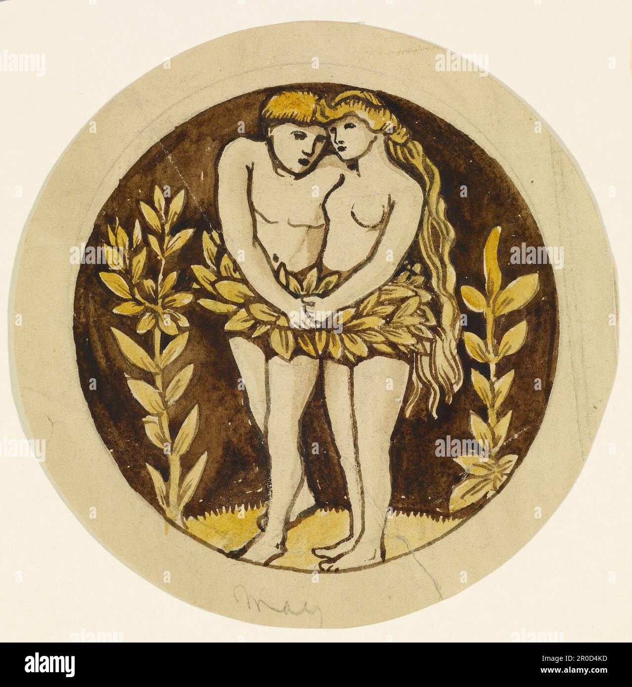 Les douze signes du zodiaque - Gémeaux. Artiste: Philip Speakman Webb (d.1915). Les 12 signes du zodiaque, dessins pour vitraux pour une lumière circulaire de la trasery avec un diagramme de crayon montrant la position de chaque dessin dans la trasery. Banque D'Images