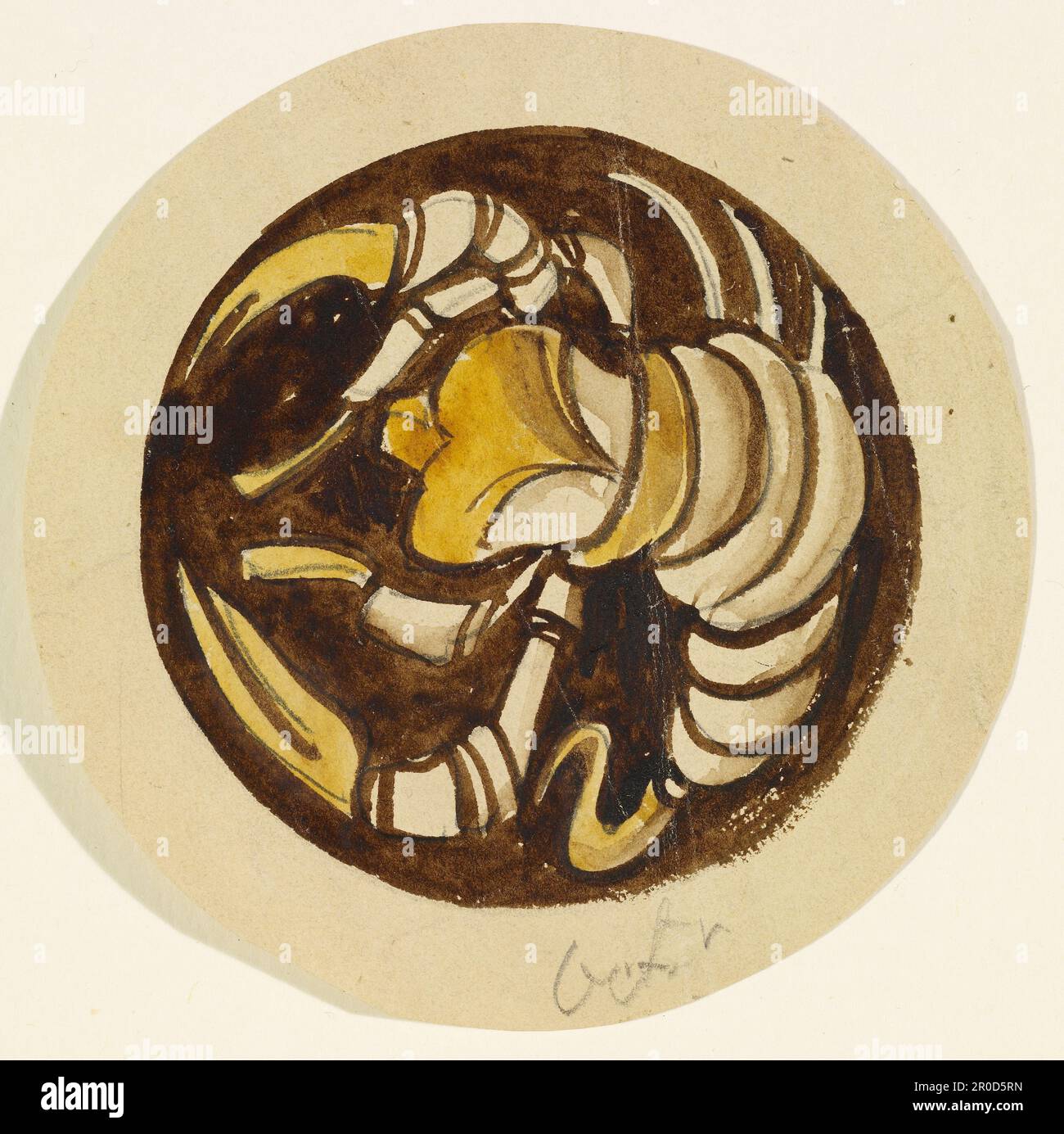 Les douze signes du Zodiaque - Scorpion. Artiste: Philip Speakman Webb (d.1915). Les 12 signes du zodiaque, dessins pour vitraux pour une lumière circulaire de la trasery avec un diagramme de crayon montrant la position de chaque dessin dans la trasery. Banque D'Images