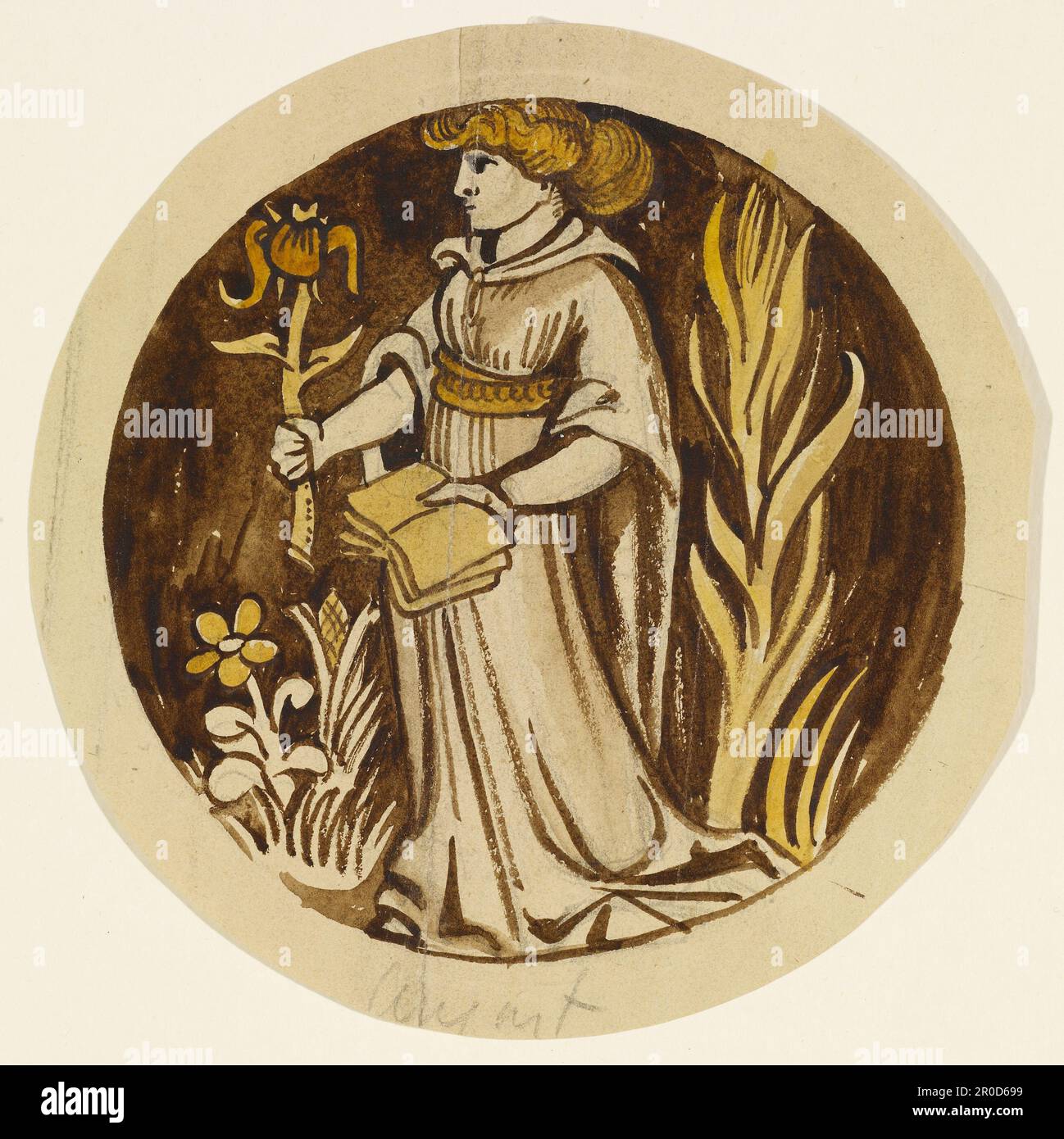 Les douze signes du Zodiaque - Vierge. Artiste: Philip Speakman Webb (d.1915). Les 12 signes du zodiaque, dessins pour vitraux pour une lumière circulaire de la trasery avec un diagramme de crayon montrant la position de chaque dessin dans la trasery. Banque D'Images