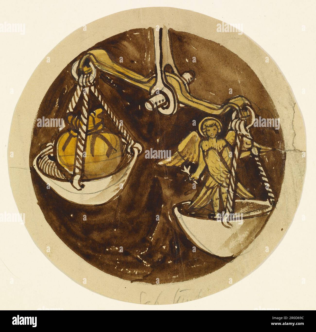 Les douze signes du zodiaque - Balance. Artiste: Philip Speakman Webb (d.1915). Les 12 signes du zodiaque, dessins pour vitraux pour une lumière circulaire de la trasery avec un diagramme de crayon montrant la position de chaque dessin dans la trasery. Banque D'Images