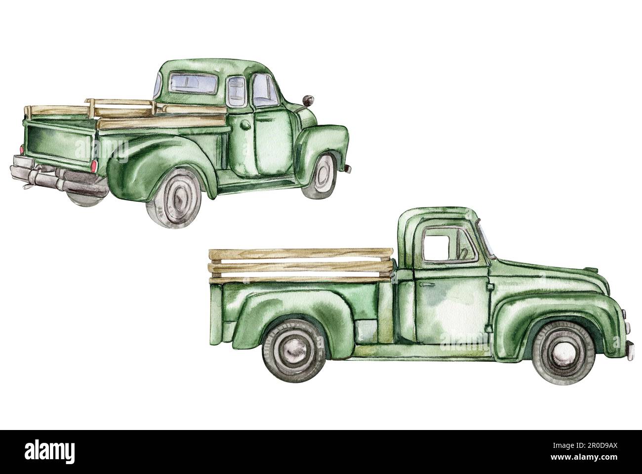 Ensemble de camions vert aquarelle vintage, illustration dessinée à la main de l'ancienne voiture rétro sur fond blanc. Idéal pour les scrapbooking, le design pour enfants, le mariage Banque D'Images