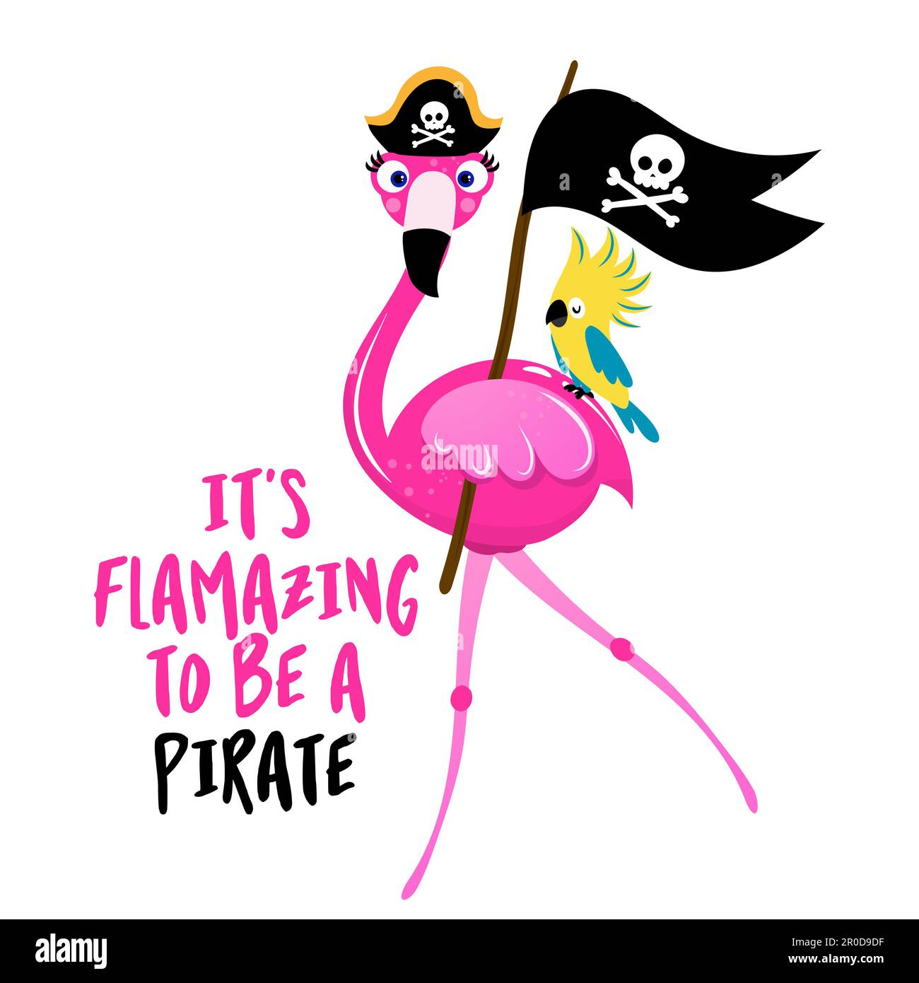C'est incroyable d'être un pirate - joli motif de marin Flamingo, drôle de doodle dessiné à la main, oiseau de bande dessinée. Idéal pour les affiches ou les t-shirts imprimés en tissu d Illustration de Vecteur
