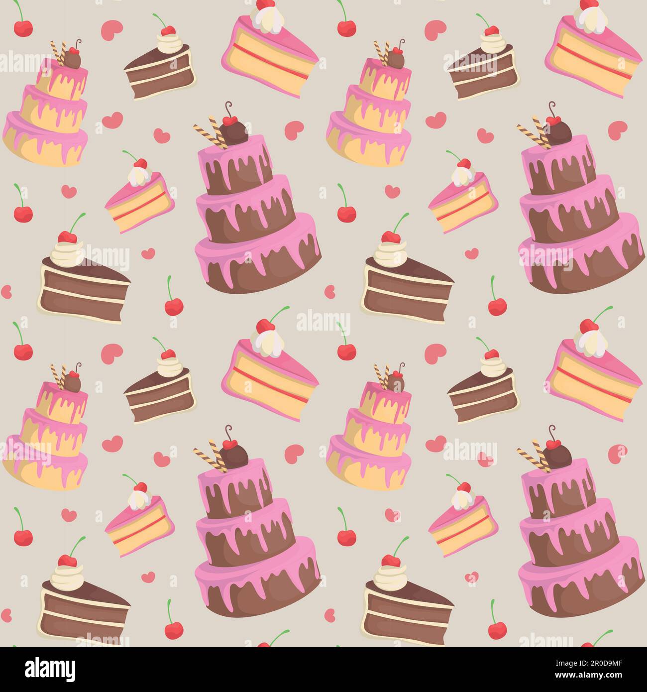 Fond coloré et répétitif de gâteaux et de tranches de gâteau fait de simples illustrations vectorielles. Illustration de Vecteur