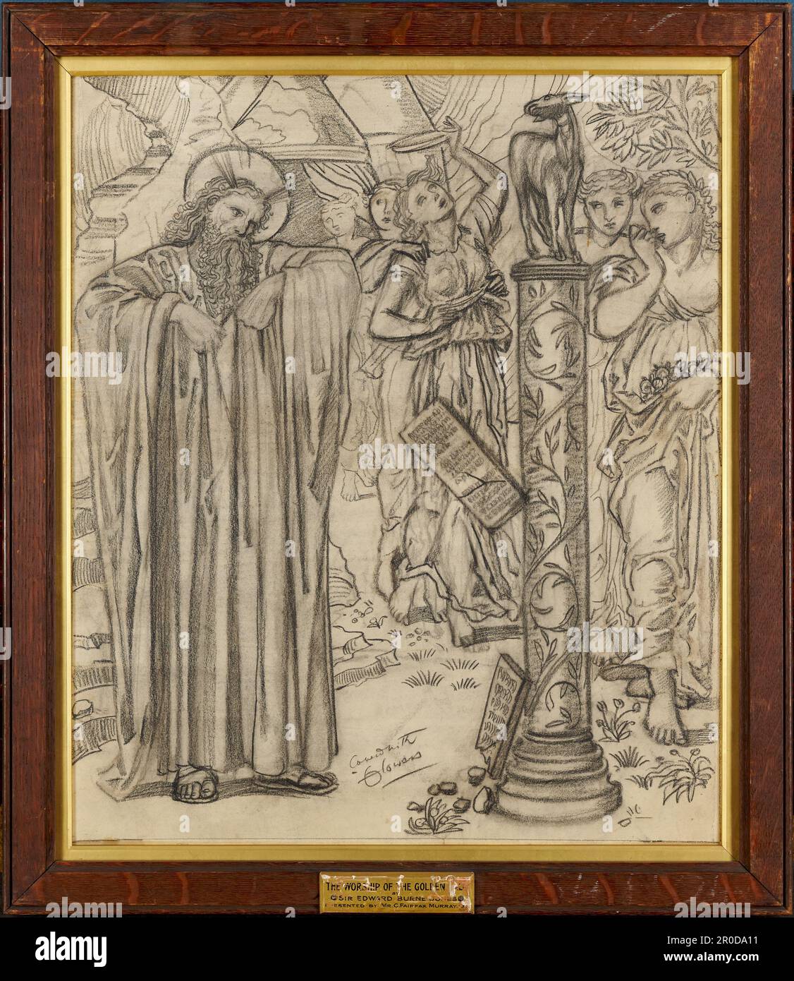 Le culte du veau d'or, 1866. Sir Edward Burne-Jones (d.1898). Conception de Moïse jetant des comprimés de loi contre pilier, qui est couronné par un veau. Banque D'Images