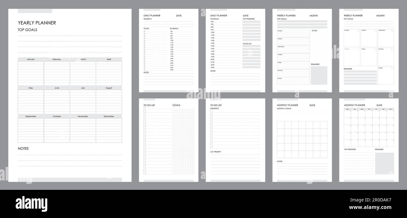 Modèles de page de planificateur, carnet de notes de journal quotidien ou  de liste d'horaires d'entreprise, organiseur vectoriel imprimable.  Calendrier de planification avec plan de jour ou de semaine, école ou Image