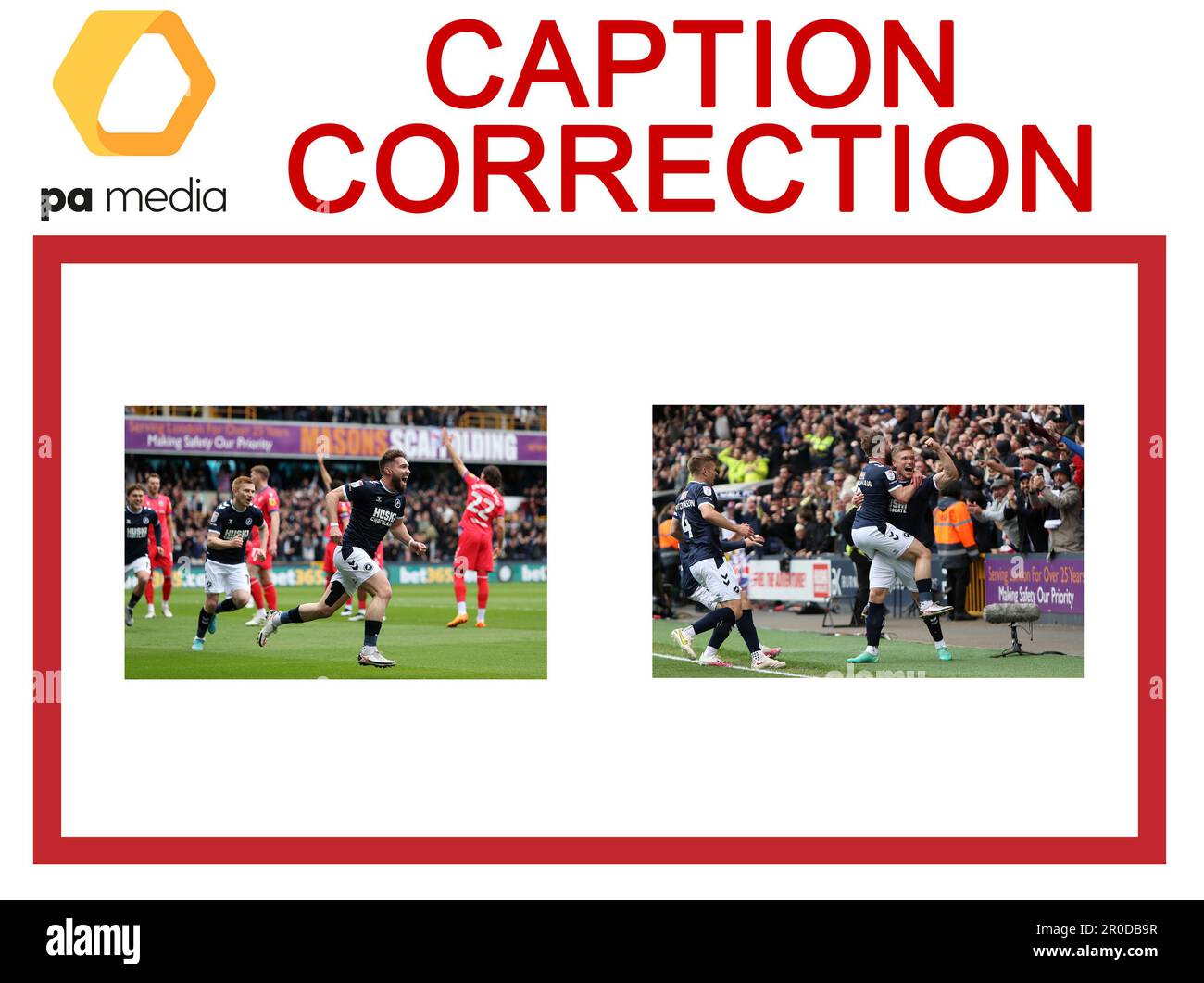 ATTENTION MONTEURS D'IMAGES, CHEF SUBS ET BIBLIOTHÉCAIRES D'IMAGES: Correction de légende pour ces deux images transmises sur le fil PA aujourd'hui (lundi 8 mai 2023) Slugged SOCCER Millwall, changeant la description à une célébration pour un but refusé. Les images seront retransmises. La bonne légende devrait être la suivante : Tom Bradshaw de Millwall célèbre un but qui est refusé pendant le match du championnat Sky Bet à la Den, Londres. Date de la photo: Lundi 8 mai 2023. Banque D'Images
