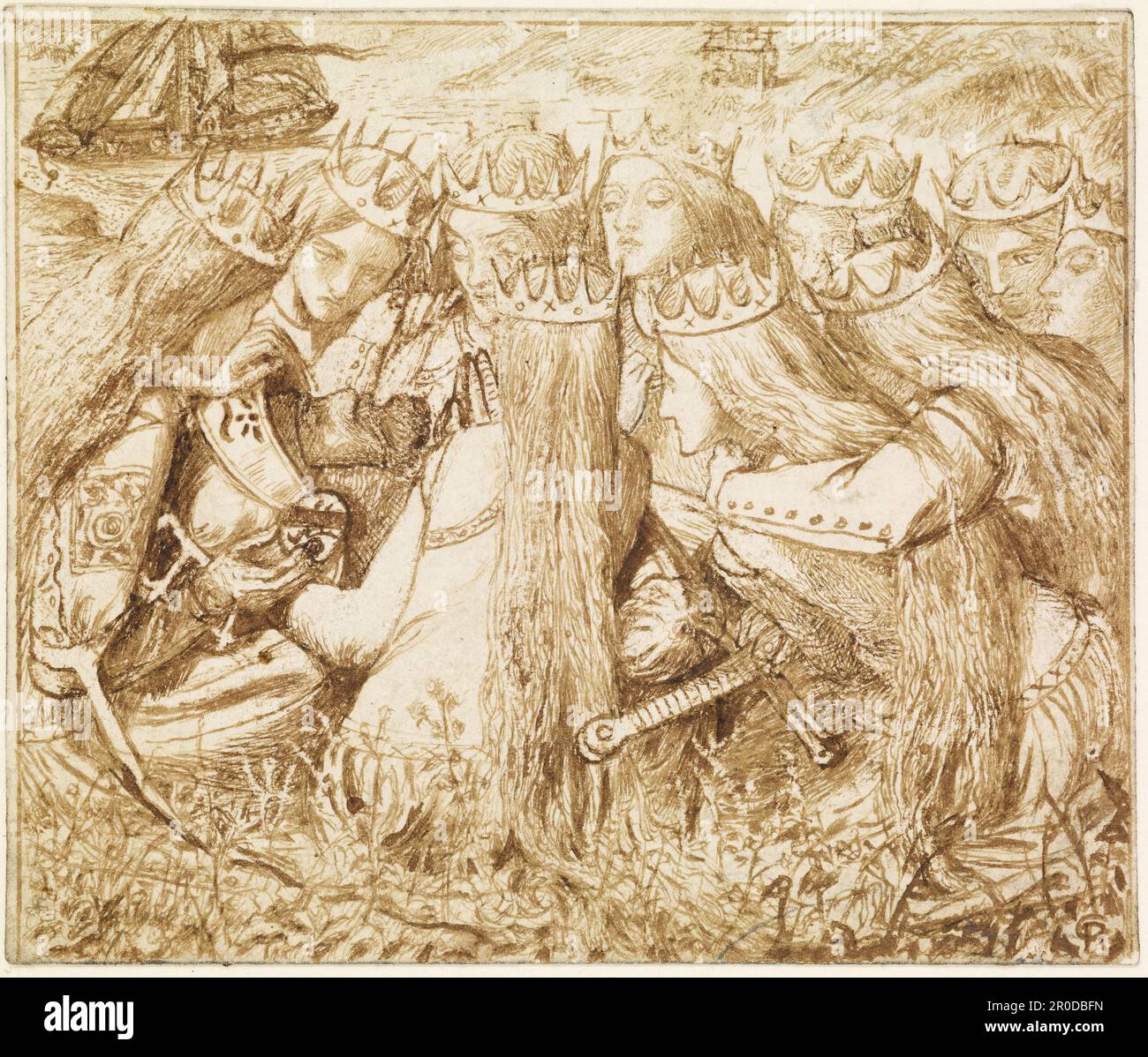 Design pour le Tennyson de Moxon - King Arthur et le Weeping Queens, 1856-57. Dante Gabriel Rossetti Banque D'Images