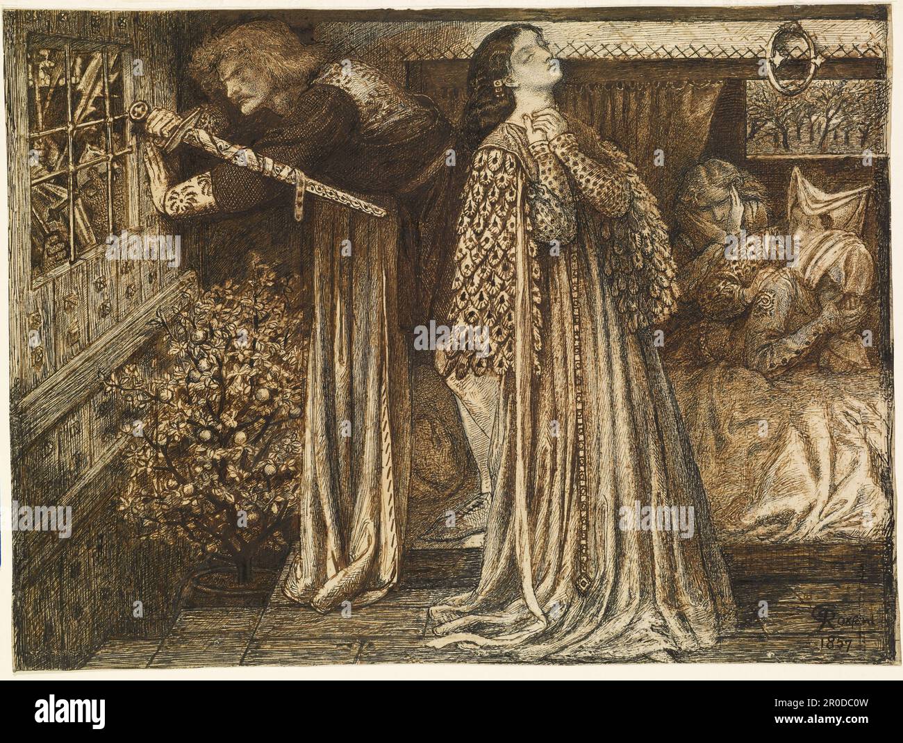 Sir Launcelot dans la Chambre de la Reine. Artiste: Dante Gabriel Rossetti Banque D'Images