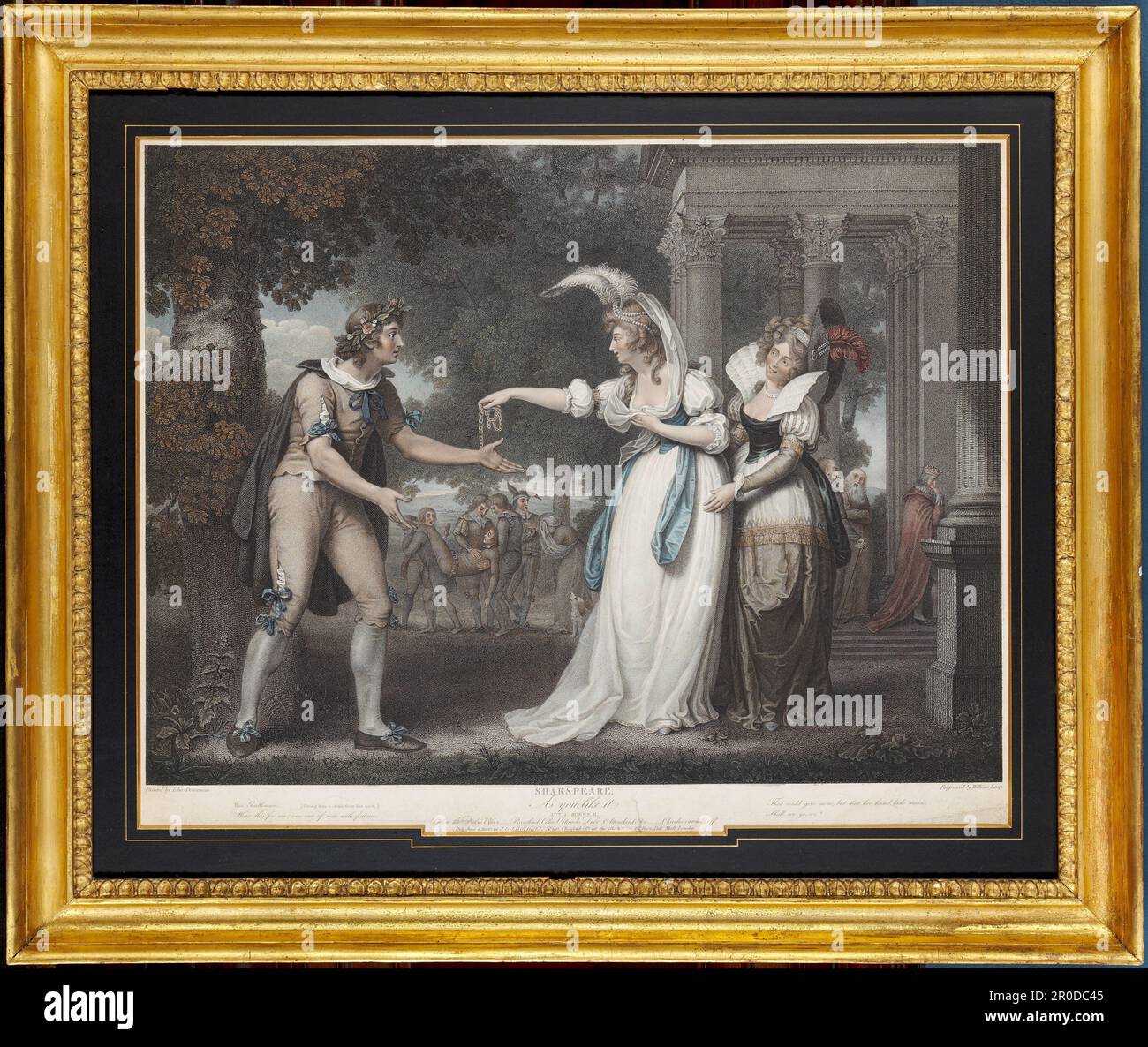 Comme vous l'aimez, Loi I scène II, 1800. Après John Downman. Rosalind donne un trinket à Orlando, couronné d'une couronne de Laurier, qui vient de vaincre le lutteur, tandis que Celia pamp de derrière son ami, souriant aux deux, dans un jardin avec un pavillon à colonnades derrière lequel le roi marche judicieusement. Banque D'Images