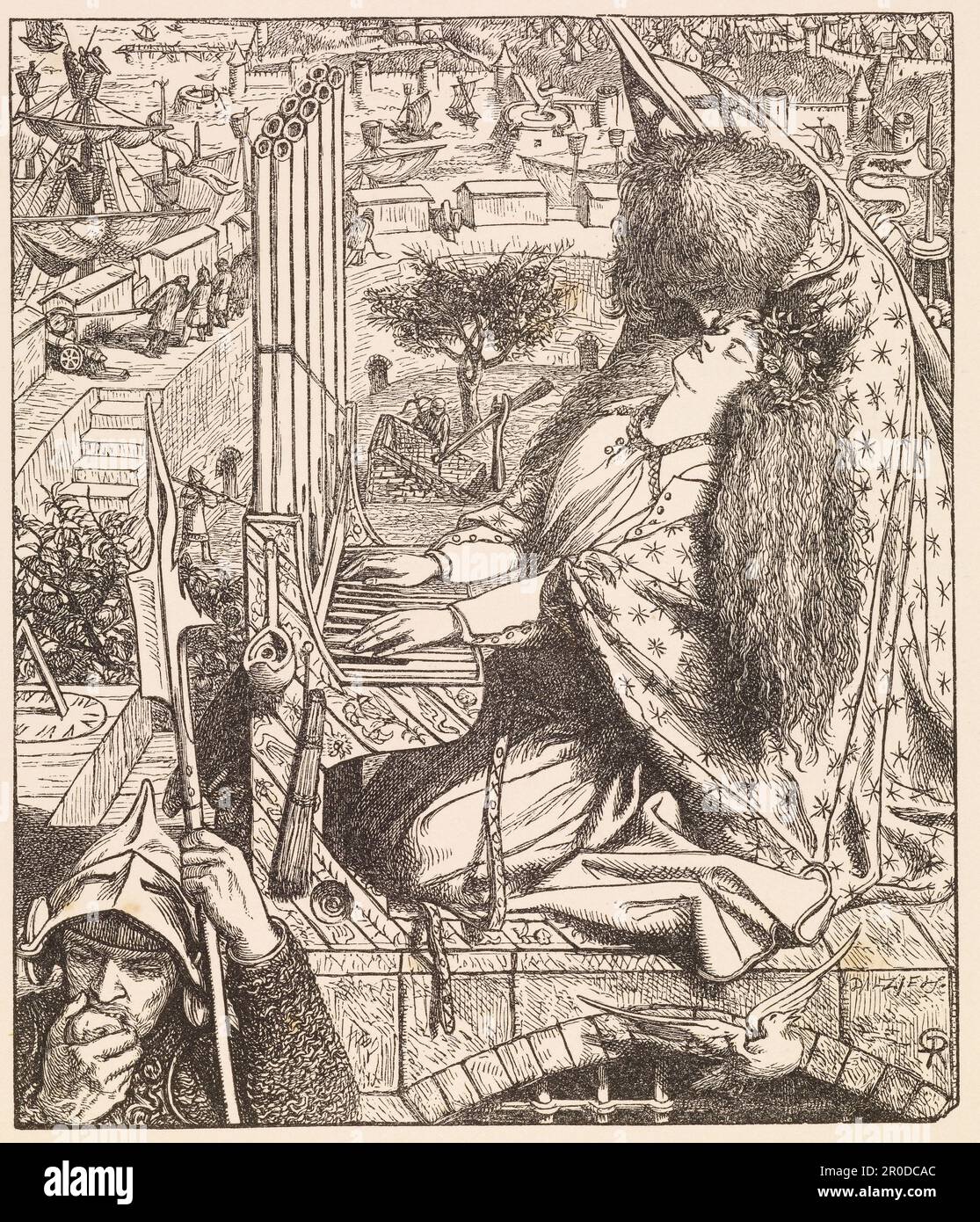 Poèmes d'Alfred Tennyson, D.C.L., poète lauréat (le « oxon Tennyson »), 1857. Après : Gabriel Dante Rossetti. Volume des poèmes de Tennyson publiés par Edward Moxon (Londres, 1857) avec des illustrations gravées en bois d'après des dessins de Hunt, Millais, Rossetti et d'autres. Banque D'Images