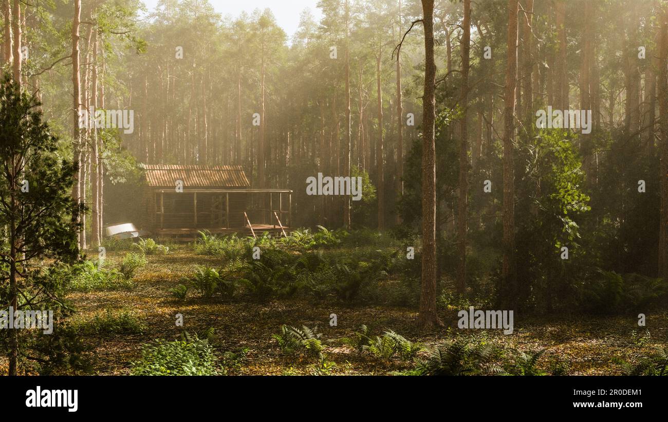 une cabane abandonnée dans les bois à côté de laquelle est une vieille voiture rouillée - 3d illustration Banque D'Images