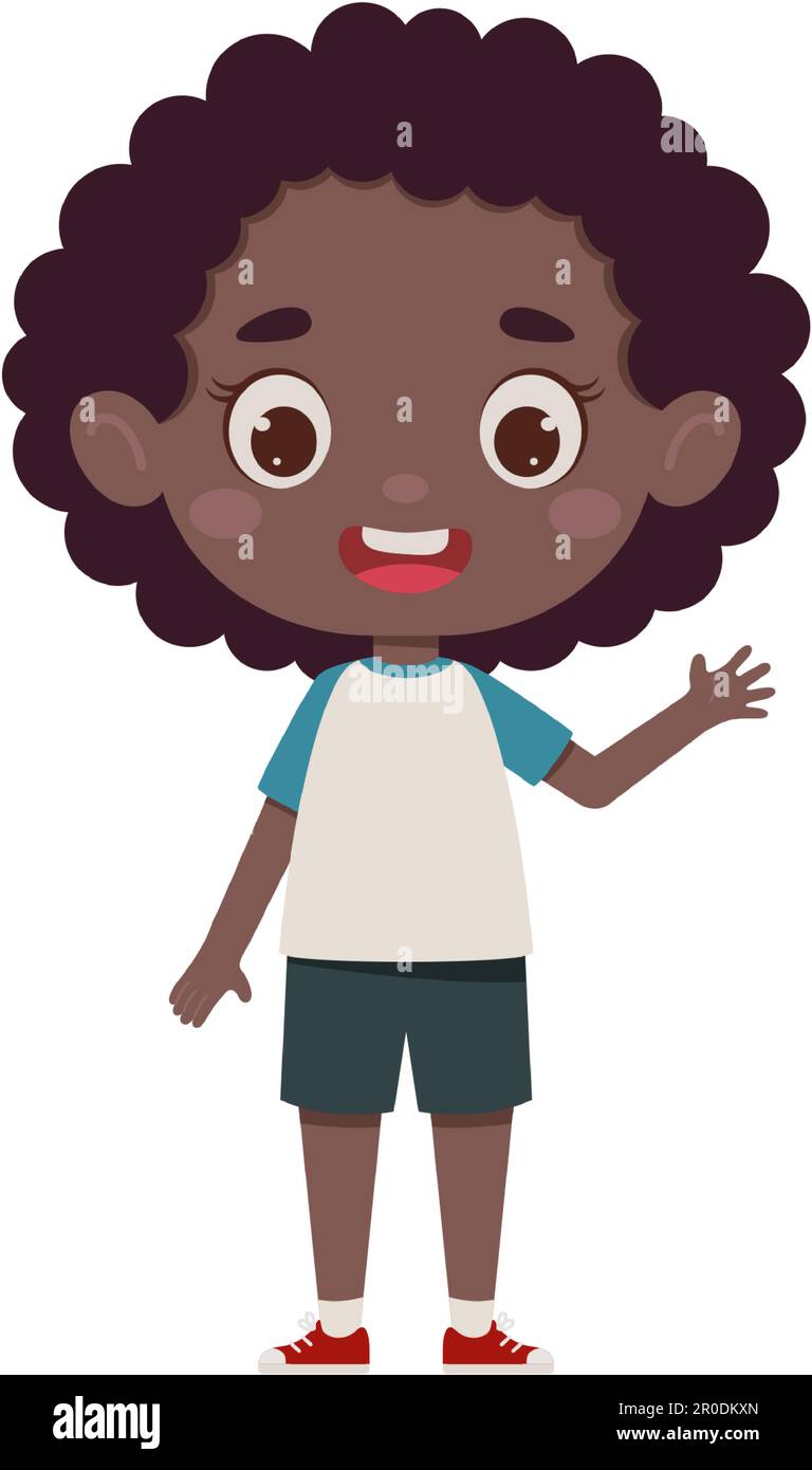 Mignon dessin animé petite fille africaine agitant sa main. Petit personnage d'écolière. Illustration vectorielle. Illustration de Vecteur