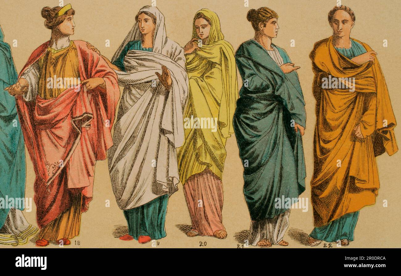 L'âge romain. De gauche à droite : 18- tunique romaine féminine, 19 et 20 - palla romaine (manteau féminin), 21 et 22- palla romaine de style grec. Chromolithography. 'Historia Universal', par César Cantú. Volume II, 1881. Banque D'Images
