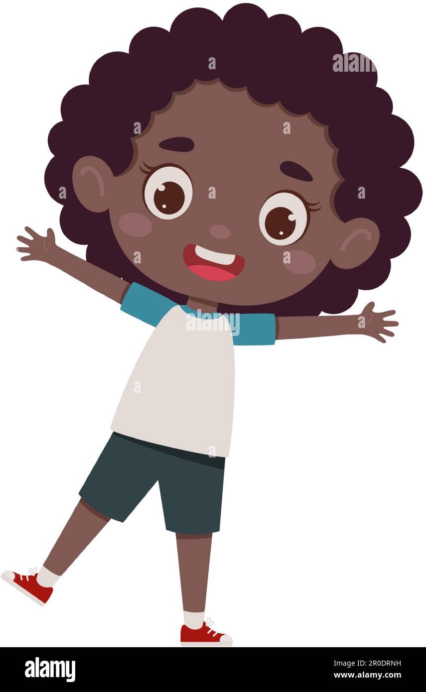 Mignon dessin animé petite fille africaine heureuse. Le personnage de petite écolière affiche une expression faciale. Illustration vectorielle. Illustration de Vecteur