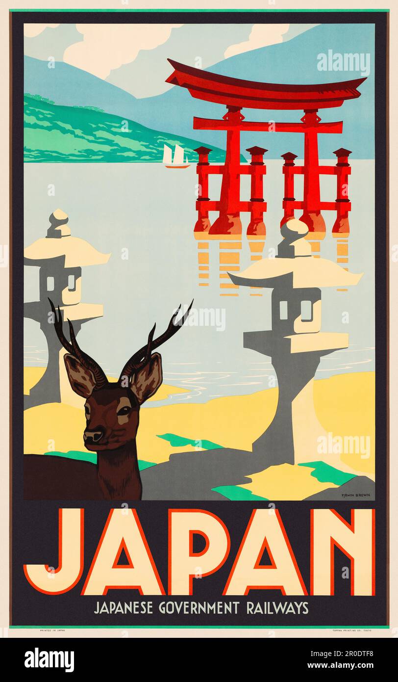 Japon. Chemins de fer du gouvernement japonais par Pieter Irwin Brown (1903-1988). Affiche publiée en 1934. Banque D'Images