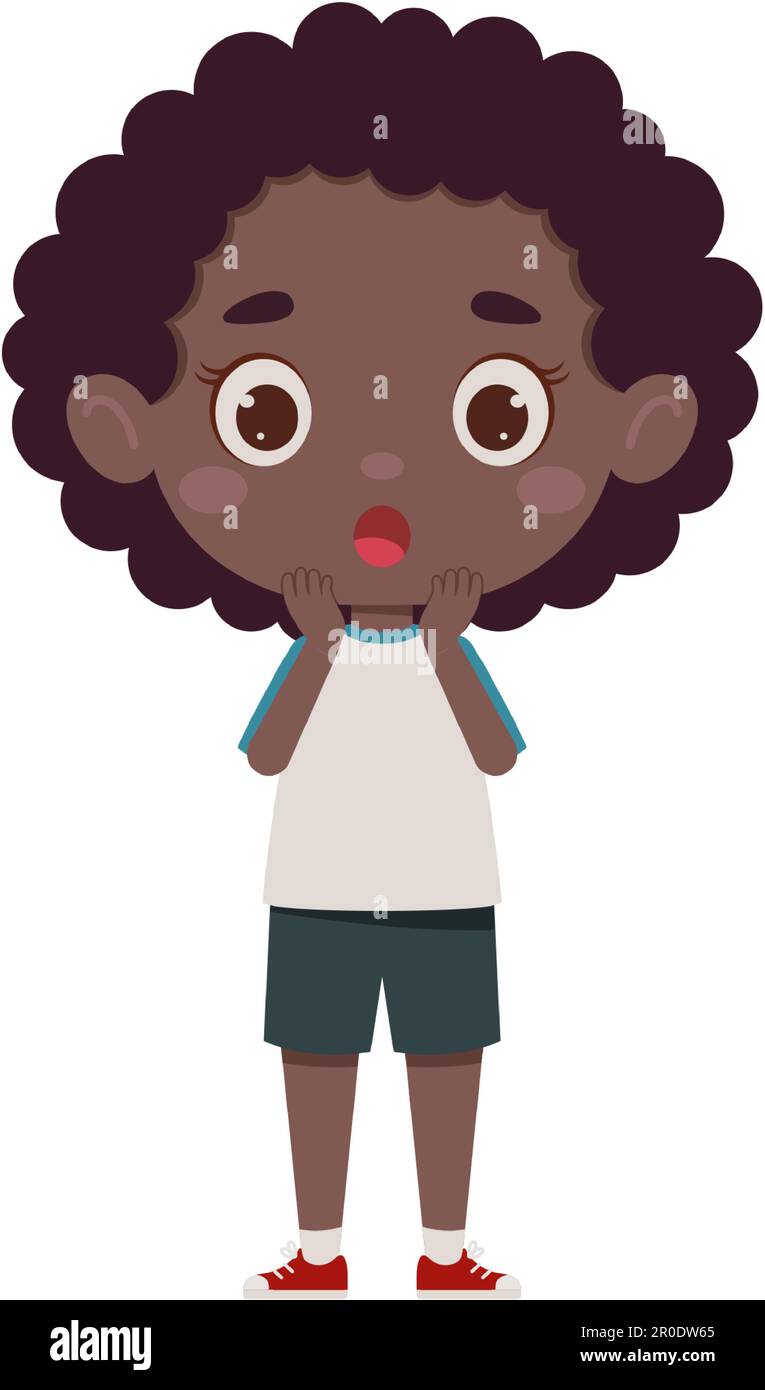 Mignon dessin animé petite fille africaine effrayante. Le personnage de petite écolière affiche une expression faciale. Illustration vectorielle. Illustration de Vecteur