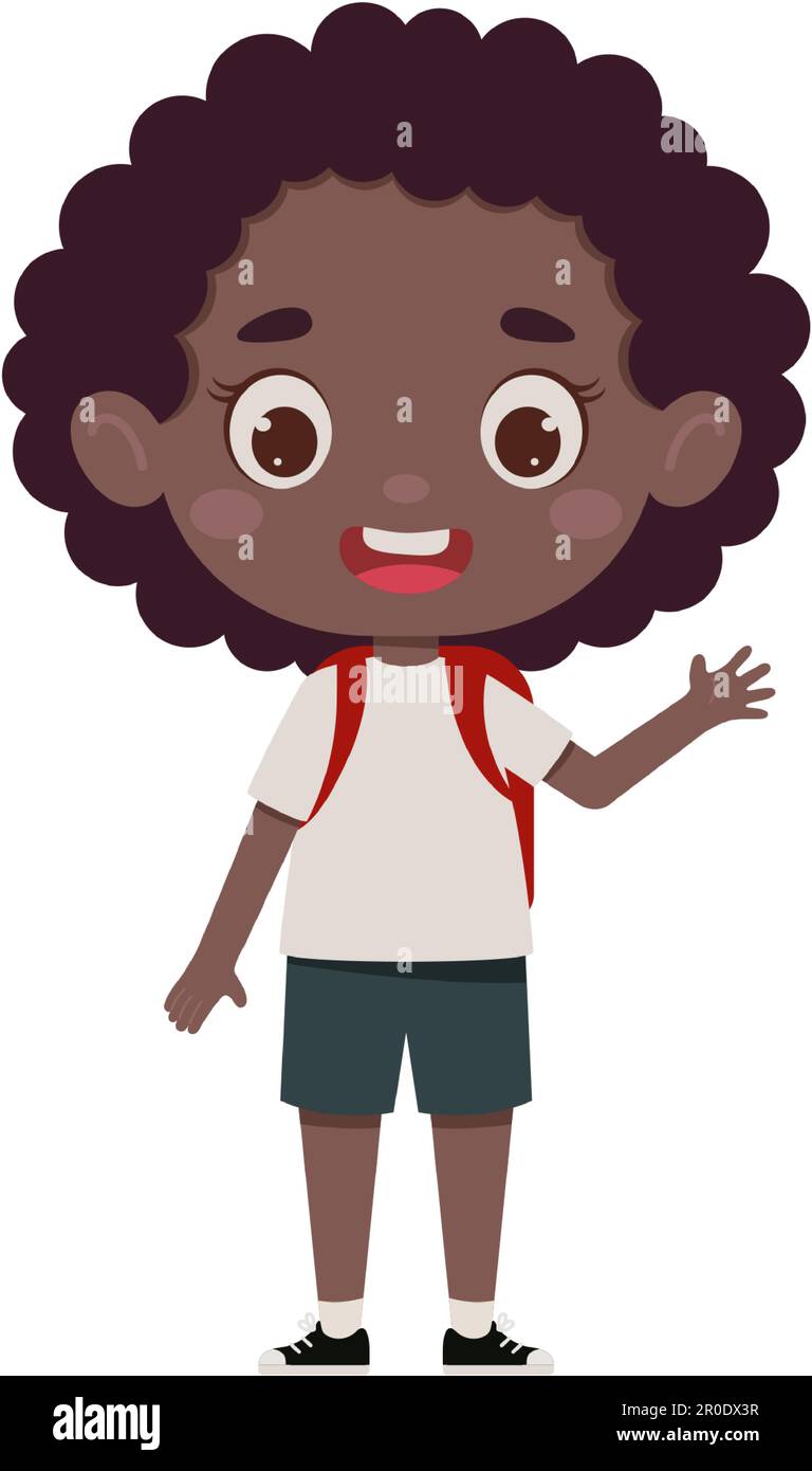 Mignon dessin animé petite fille africaine avec le sac à dos en agitant sa main bonjour. Petit personnage d'écolière. Illustration vectorielle. Illustration de Vecteur