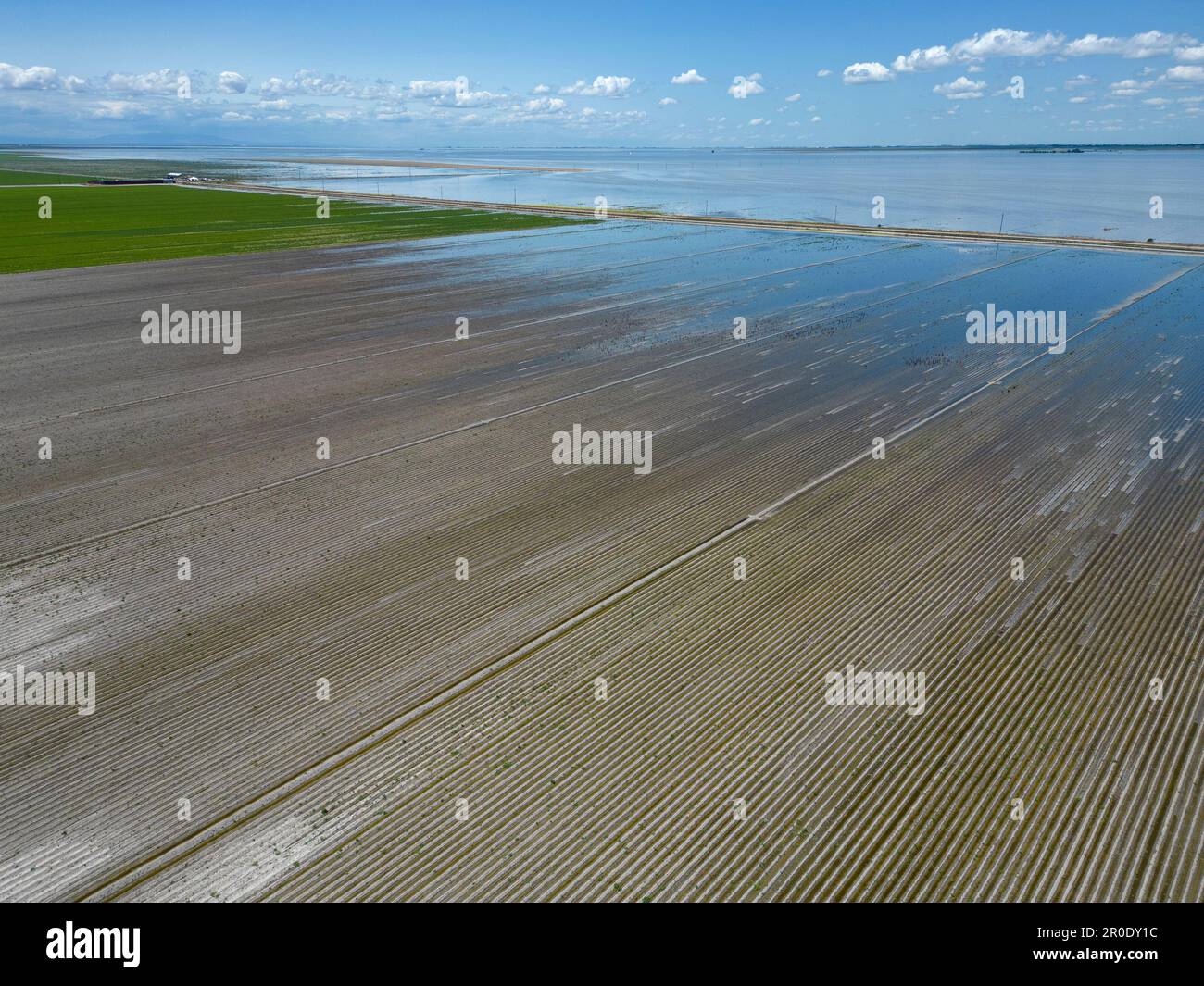 La montée des eaux de fonte des neiges du lac Tulare dépasse une ferme dans la vallée centrale de la Californie lors de l'inondation de 2023 Banque D'Images