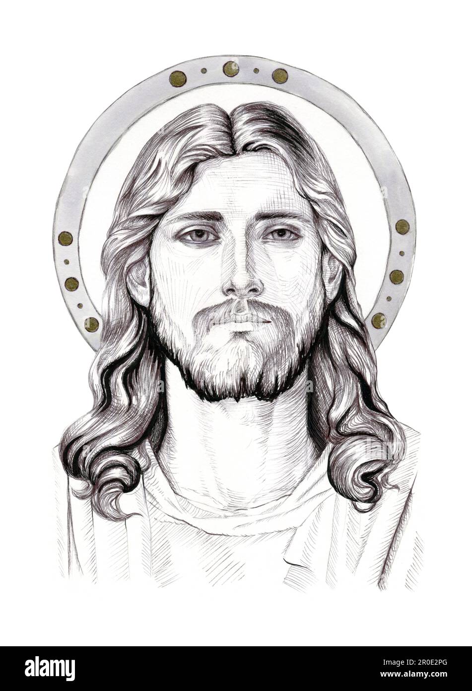 Portrait de Jésus-Christ. Illustration à l'encre traditionnelle sur papier. Banque D'Images