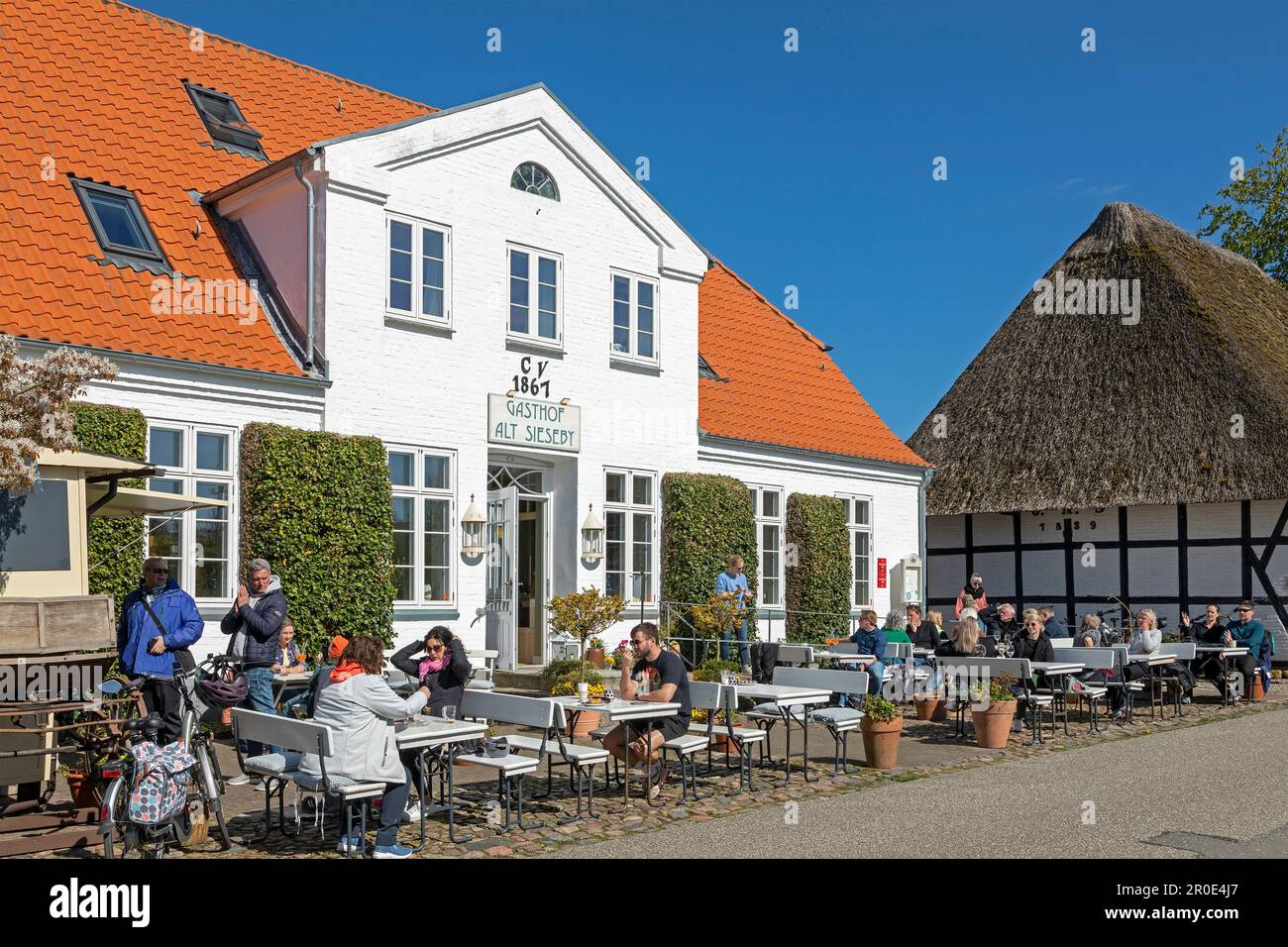 Restaurant Alt Sieseby, maison de chaume, Sieseby, Schlei, Schleswig-Holstein, Allemagne Banque D'Images