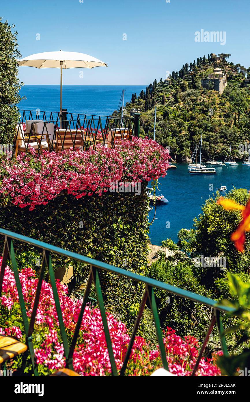 La terrasse du légendaire 'Hotel Splendido' à Portofino, Ligurie, Italie Banque D'Images