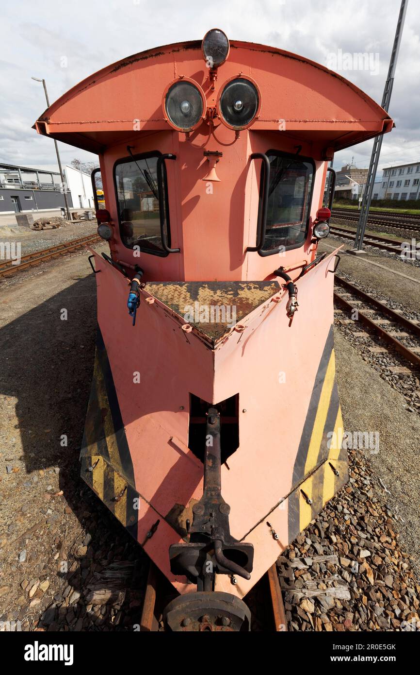 Chasse-neige de la Loessnitzgrundbahn, chemin de fer à voie étroite Loessnitzdackel, gare de Radebeul-Ost, Saxe, Allemagne Banque D'Images