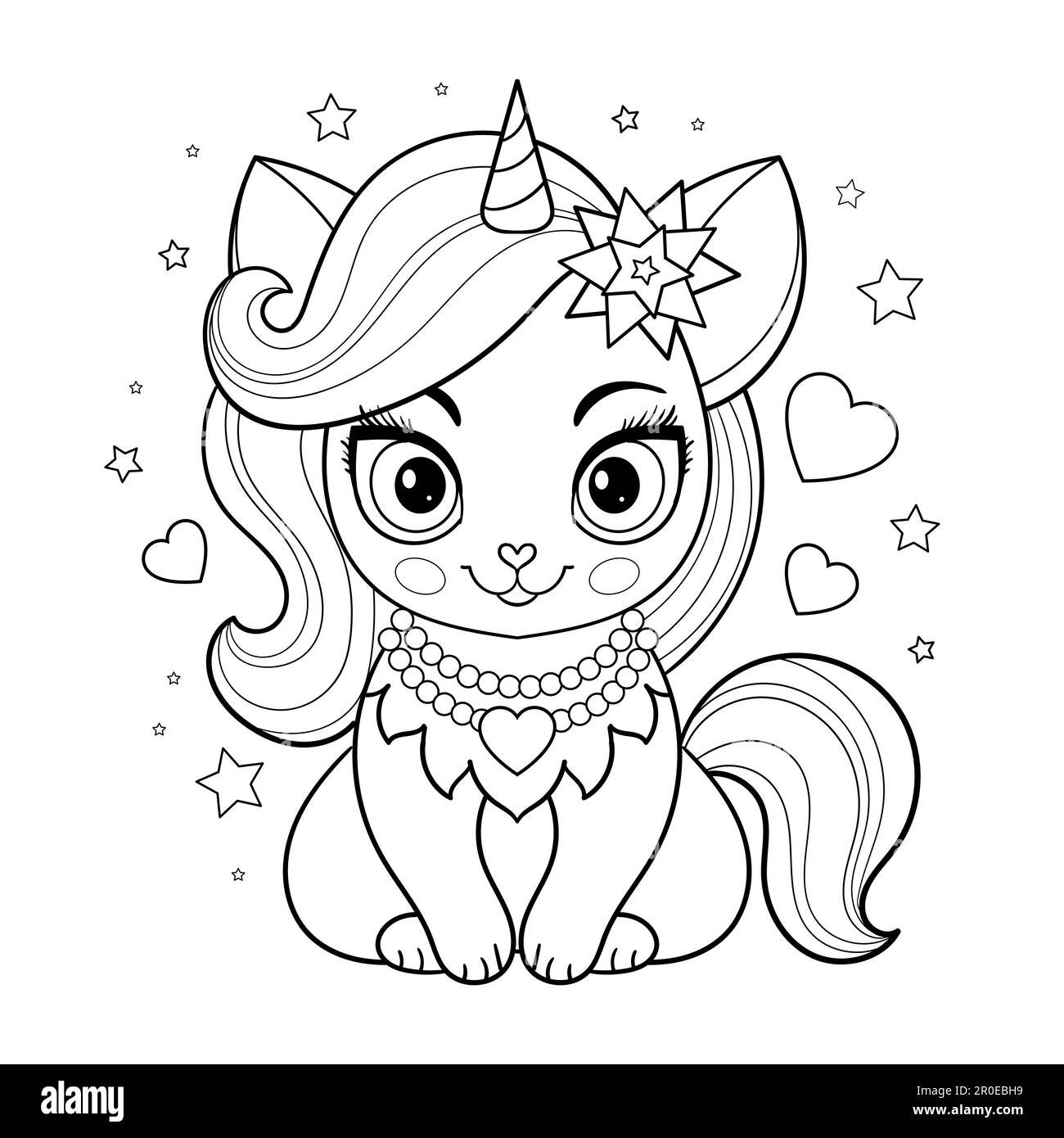 Belle licorne de chat. Dessin linéaire noir et blanc. Personnage de conte de fées. Pour livres à colorier, imprimés, affiches, cartes, autocollants pour enfants, et ainsi de suite Illustration de Vecteur