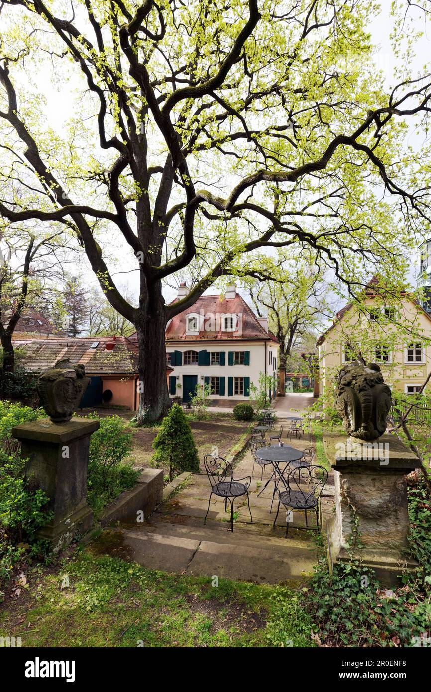 Villa Sorgenfrei, parc au printemps, manoir de 1783, aujourd'hui hôtel de campagne, Oberloessnitz, Radebeul, Saxe, Allemagne Banque D'Images