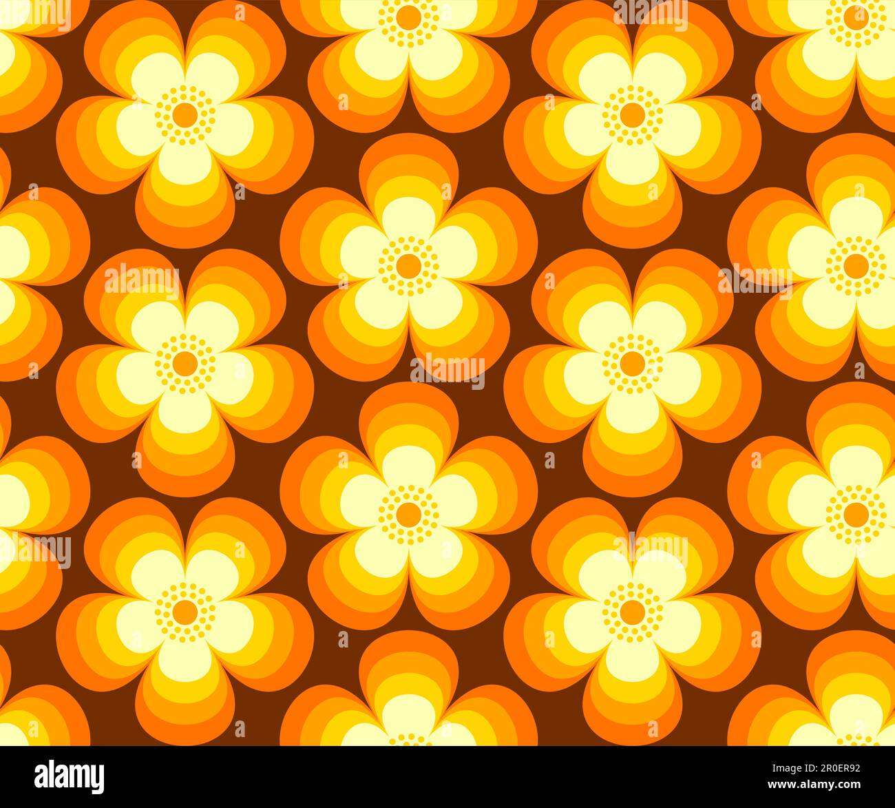 Fleurs rétro, fleurs modernes du milieu du siècle dans les couleurs orange, jaune et marron. Pour la décoration, le papier peint, les tissus et le textile. Motif vectoriel transparent, 19 Illustration de Vecteur
