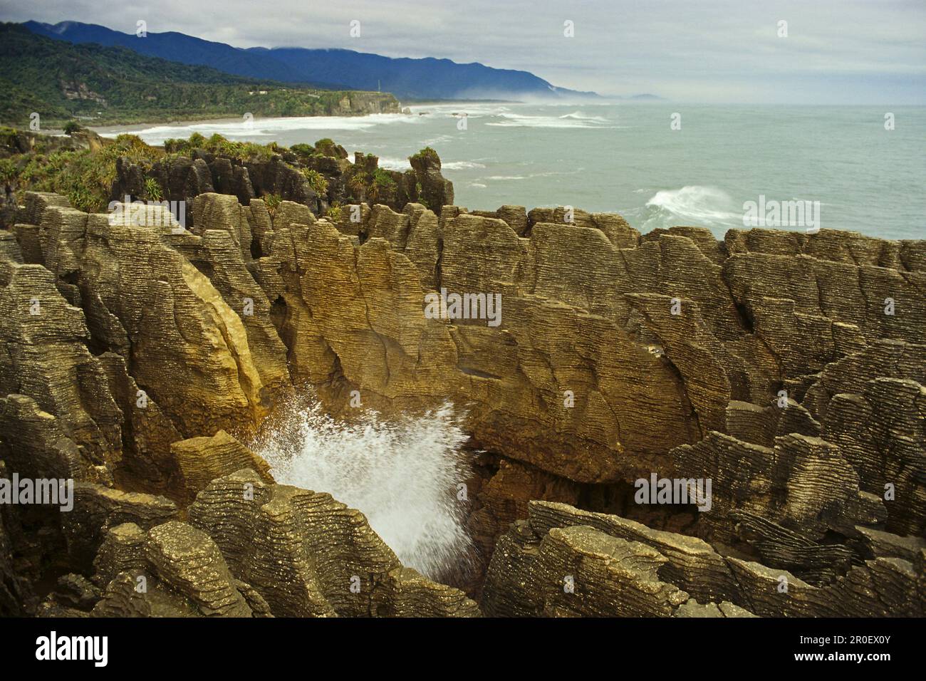 Vue sur les formations rocheuses au bord de l'eau, Pancake Rocks, parc national de Paparoa, Punakaiki, Nouvelle-Zélande, Océanie Banque D'Images