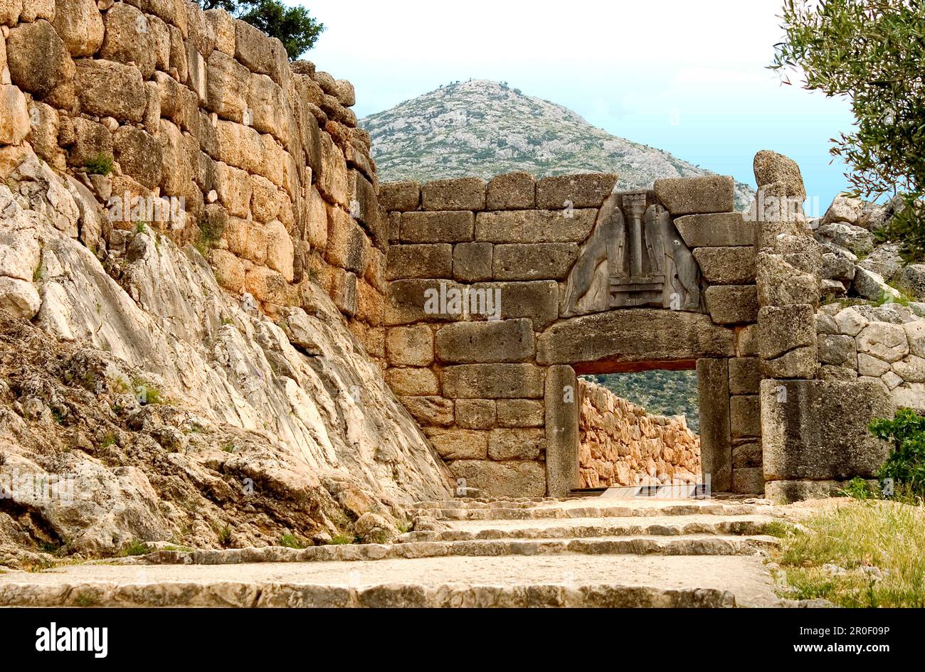 Porte du Lion, mur circulaire autour de l'acropole de Mycènes, Péloponnèse, Grèce Banque D'Images