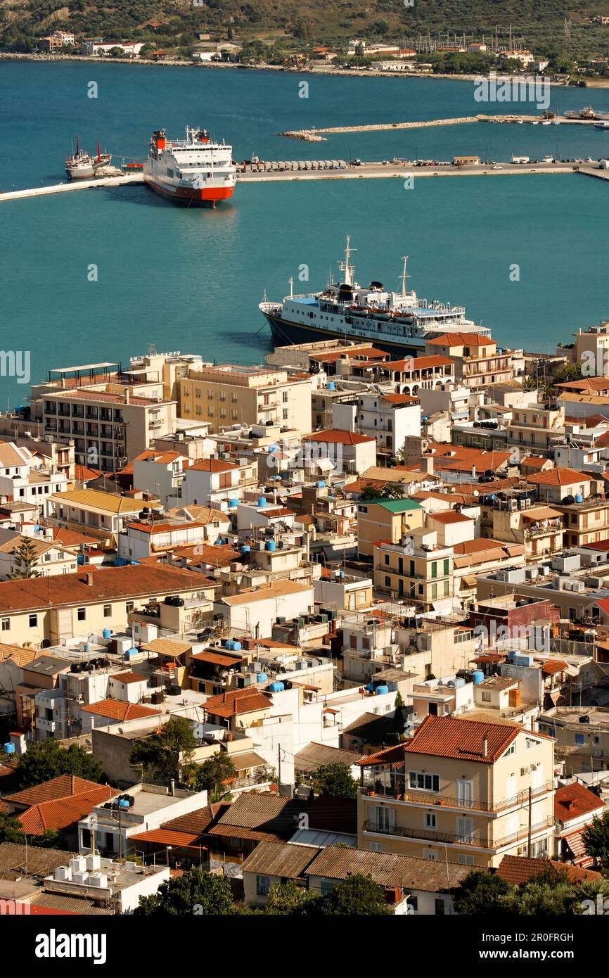 Grèce Zakynthos vue sur la ville depuis la colline de Strani, le vieux centre-ville, habour Banque D'Images