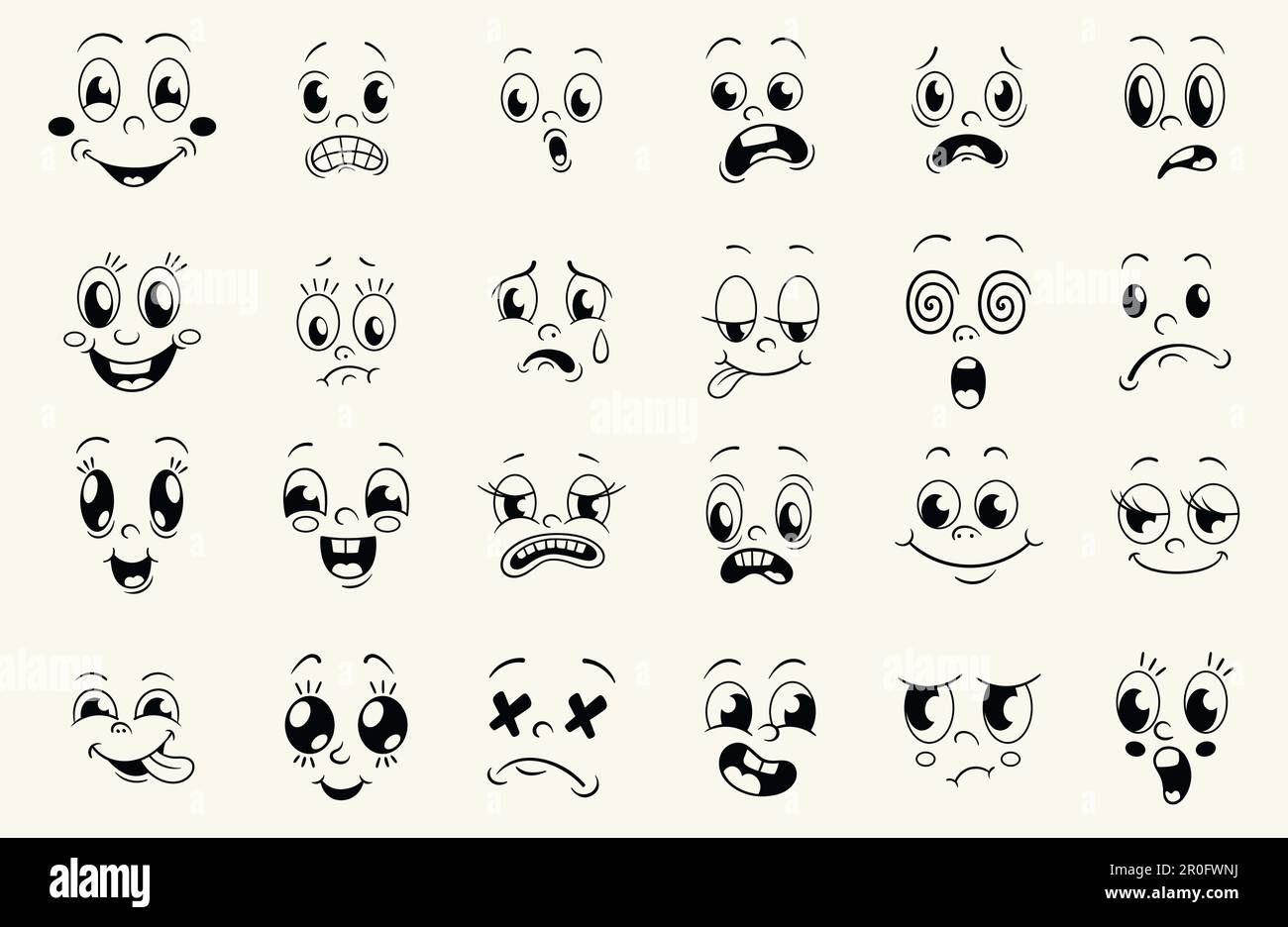 Autocollants visages rétro de dessin animé Illustration de Vecteur