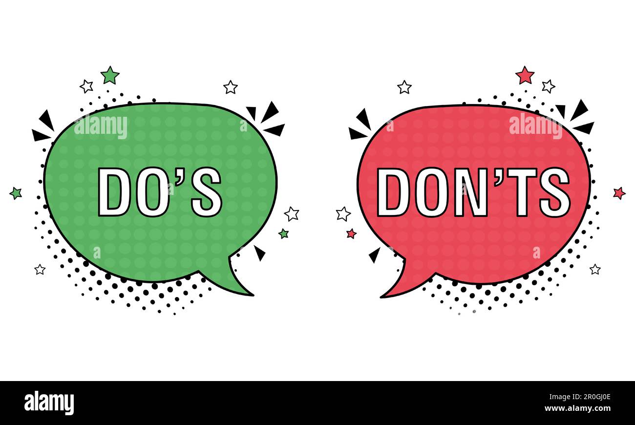Bulle de langage comique avec icônes à faire et à ne pas faire. Illustration de dessin animé dynamique et lumineux vectoriel dans un style pop art rétro. Illustration vectorielle Illustration de Vecteur