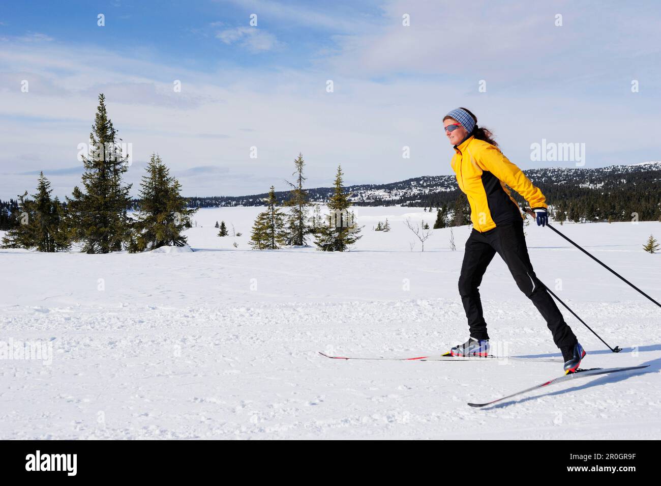 Skieur de ski de fond féminin, Lillehammer, Oppland, Norvège Banque D'Images