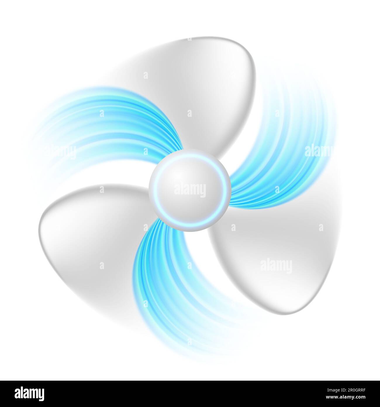 Ventilateur avec courants d'air bleus isolés sur fond blanc. Ventilateur de réfrigération, climatisation, commande de la température. Illustration de la ventilation d'air. Banque D'Images