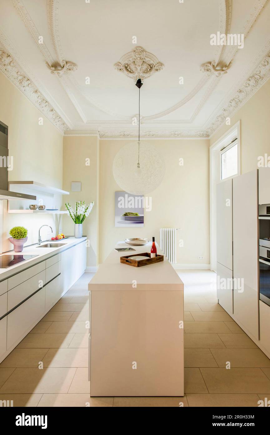 Cuisine moderne dans un immeuble ancien appartement, Hambourg, Allemagne Banque D'Images