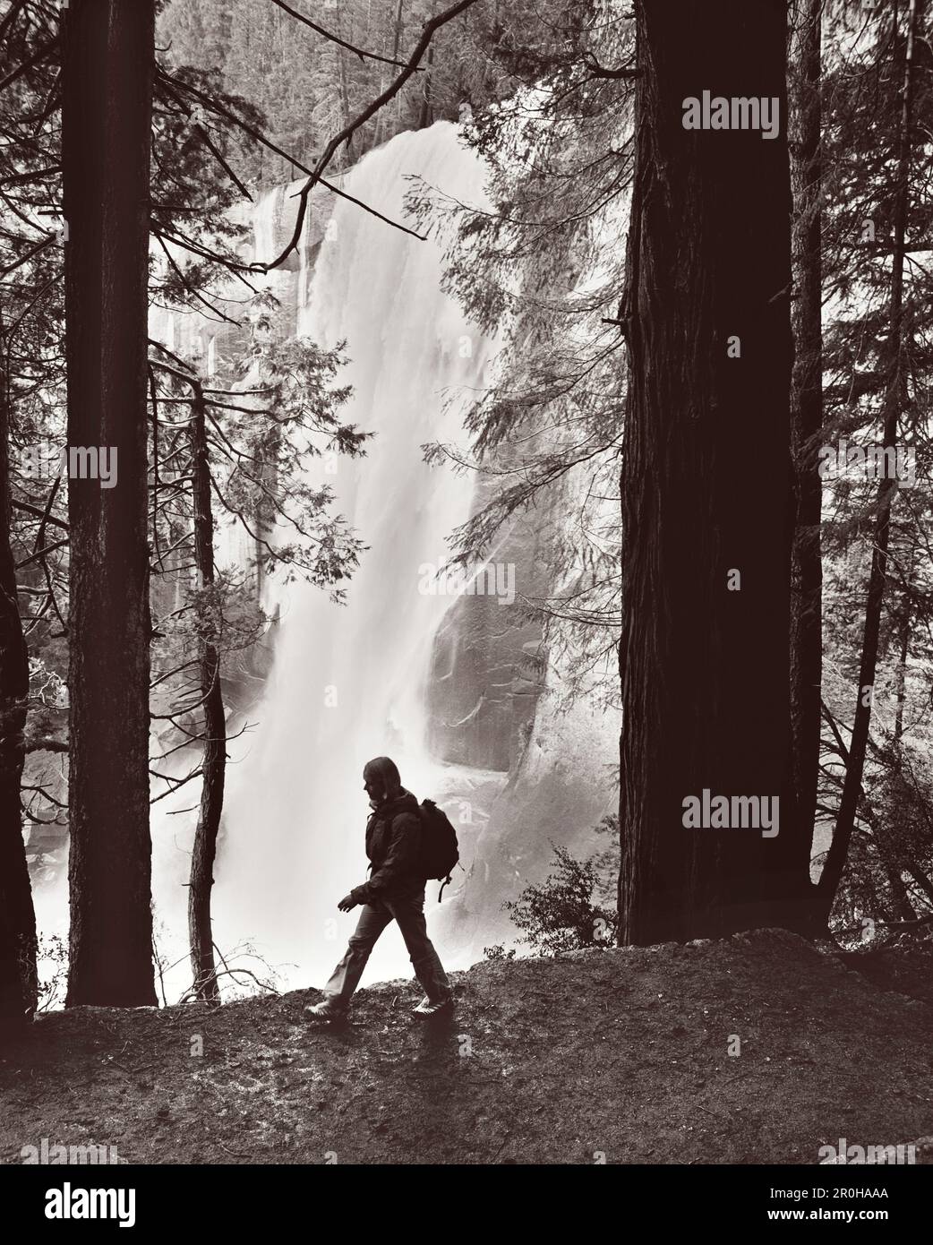 États-Unis, Californie, parc national de Yosemite, une femme qui fait une randonnée au départ des chutes de Vernal (B&W) Banque D'Images