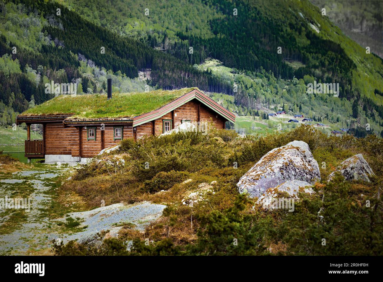 Chalet en rondins avec toit en gazon, Norvège Banque D'Images