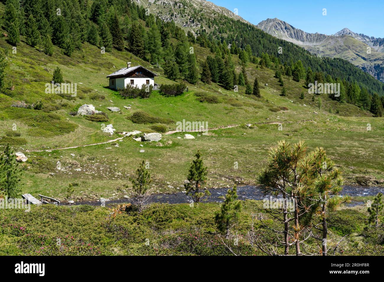 Paysage de montagne au Staller Saddle et une belle cabane alpine au cours d'eau de montagne, Italie, Tyrol du Sud, région de Staller Alpe Banque D'Images