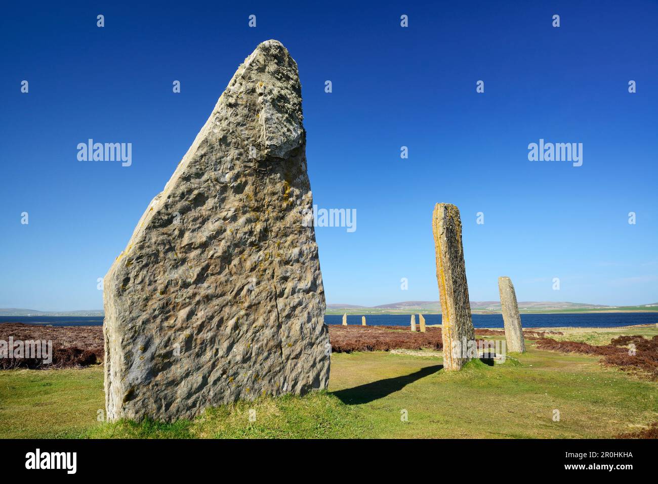 Pierres sur pied néolithique, anneau de Brodgar, site classé au patrimoine mondial de l'UNESCO le coeur de l'Orkney néolithique, Orkney Islands, Écosse, Grande-Bretagne, United Banque D'Images