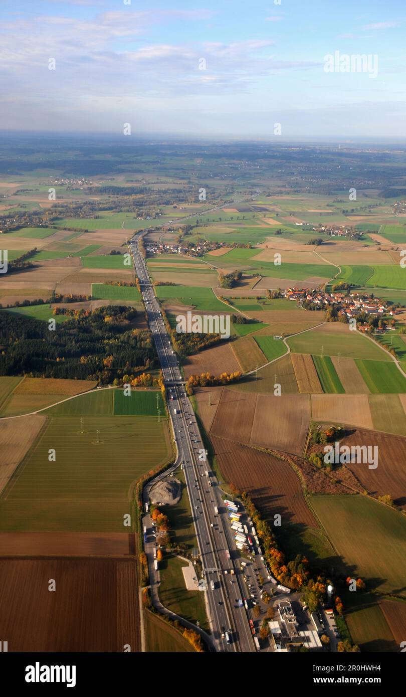 Vue depuis un avion, autoroute A9, autoroute au nord de Munich, Bavière, Allemagne Banque D'Images