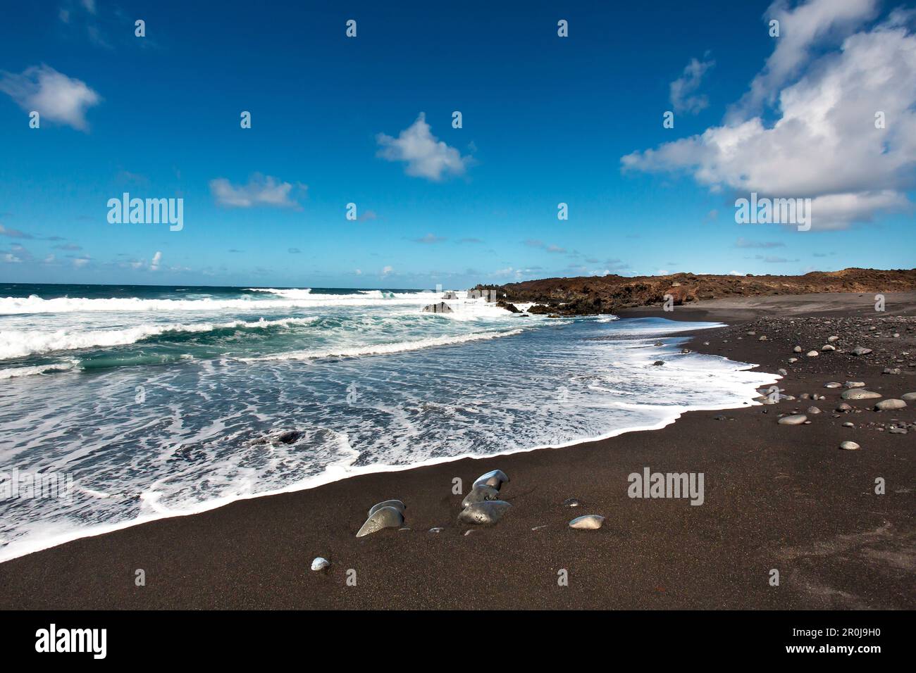 Plage noire, Playa de Montana Bermeja, Lanzarote, Iles Canaries, Espagne Banque D'Images