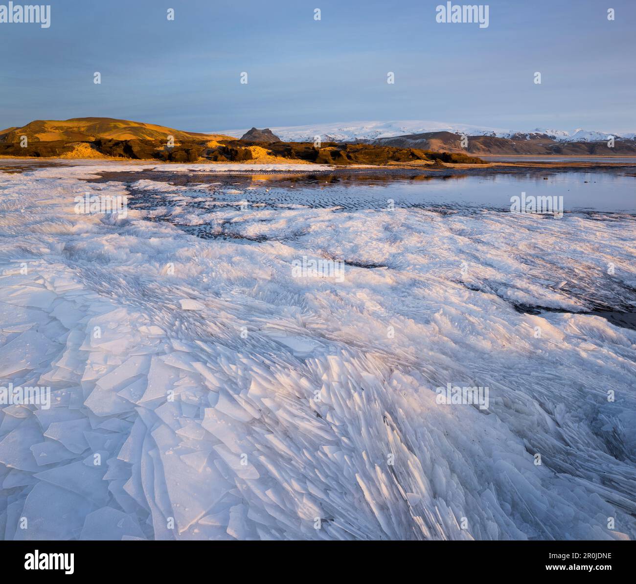 Glace dans la baie de Dyrholaos, Dyrholar, South Island, île Banque D'Images