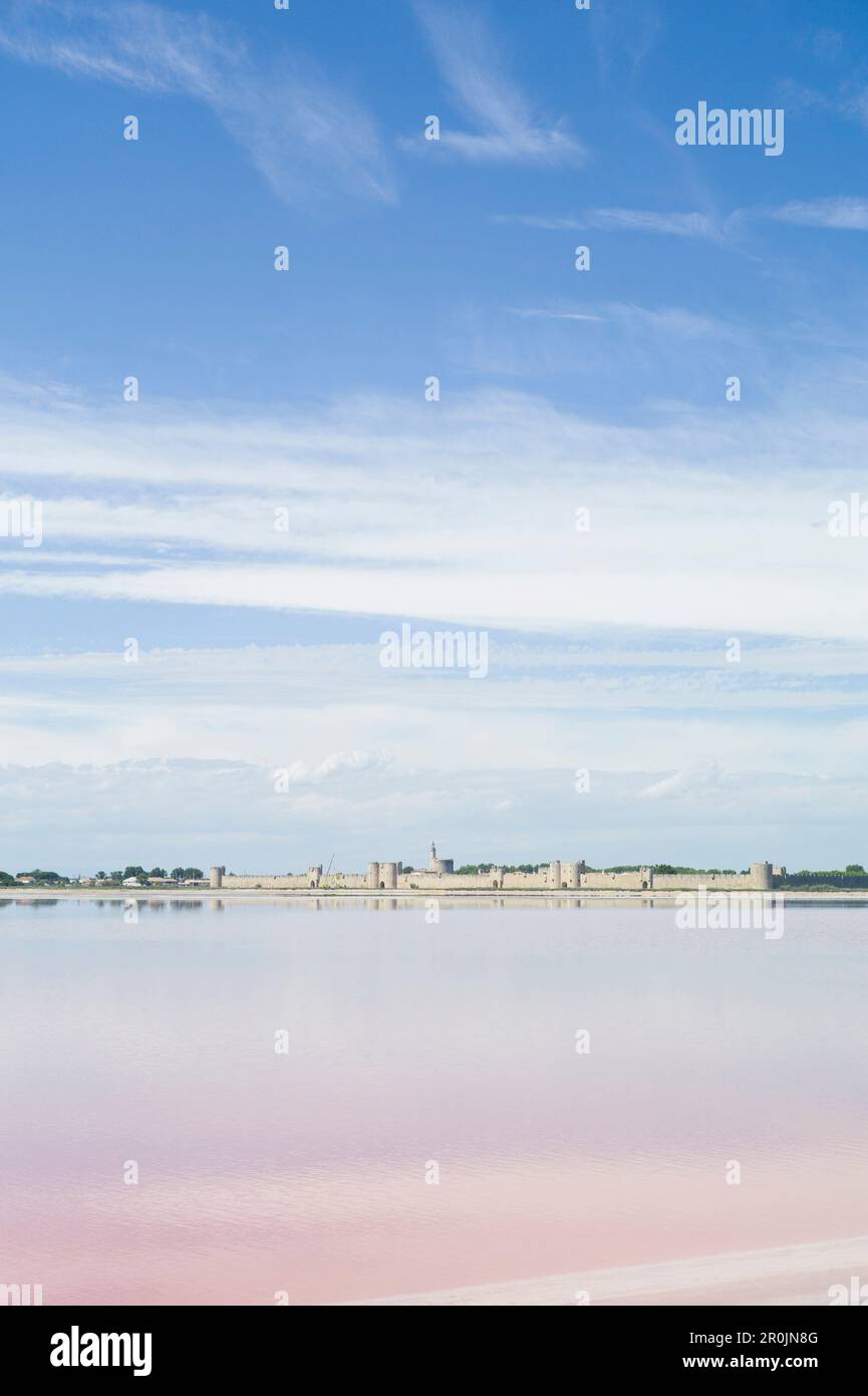 Les marais salants près de Aigues-Mortes, Camargue, Gard, Languedoc-Roussillon, France Banque D'Images