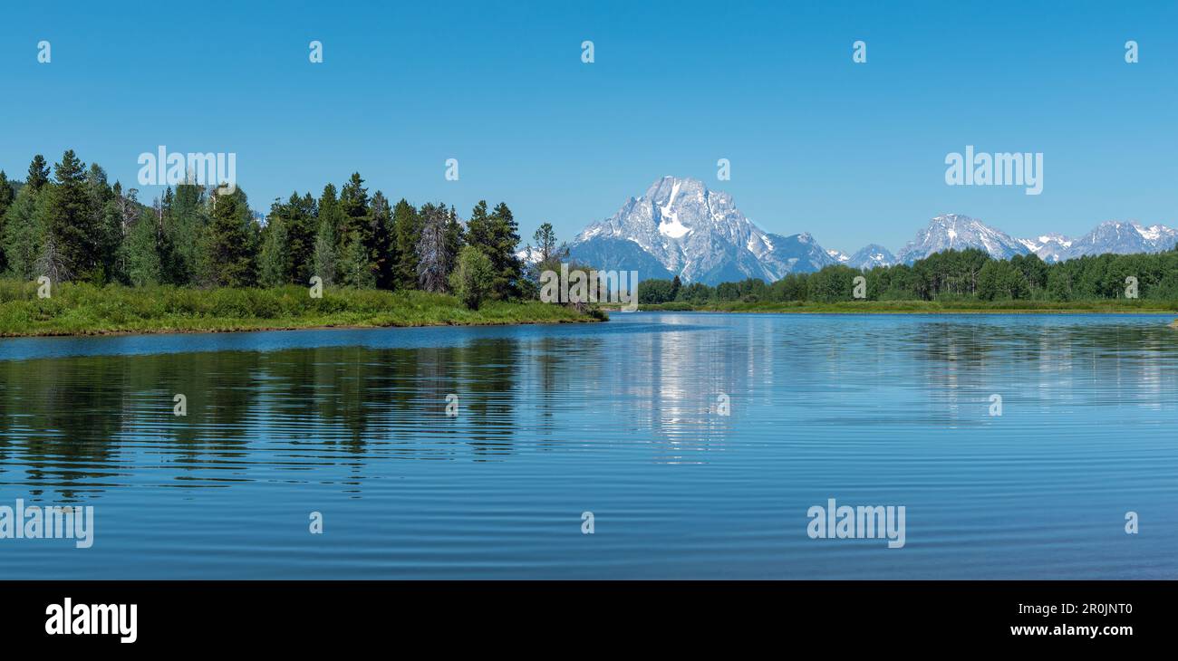 Panorama de Snake River et de Grand Teton Peaks, parc national de Grand Teton, Wyoming, États-Unis. Banque D'Images