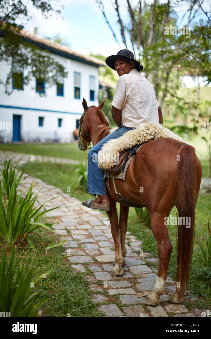 Gaucho, propose de l'équitation pour les clients de Fazenda Catucaba, ancienne ferme de 1850 est maintenant aussi un hôtel de luxe, situé dans les montagnes côtières, Parque Banque D'Images